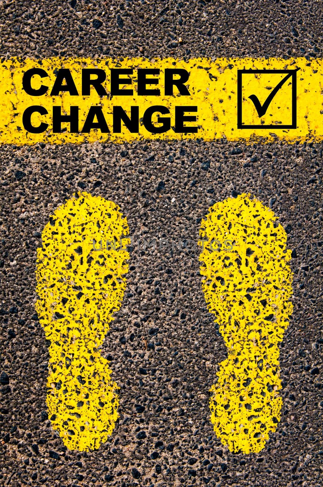 Conceptual image with yellow paint footsteps on the road in front of horizontal line over asphalt stone background. Word XXXXXXXX