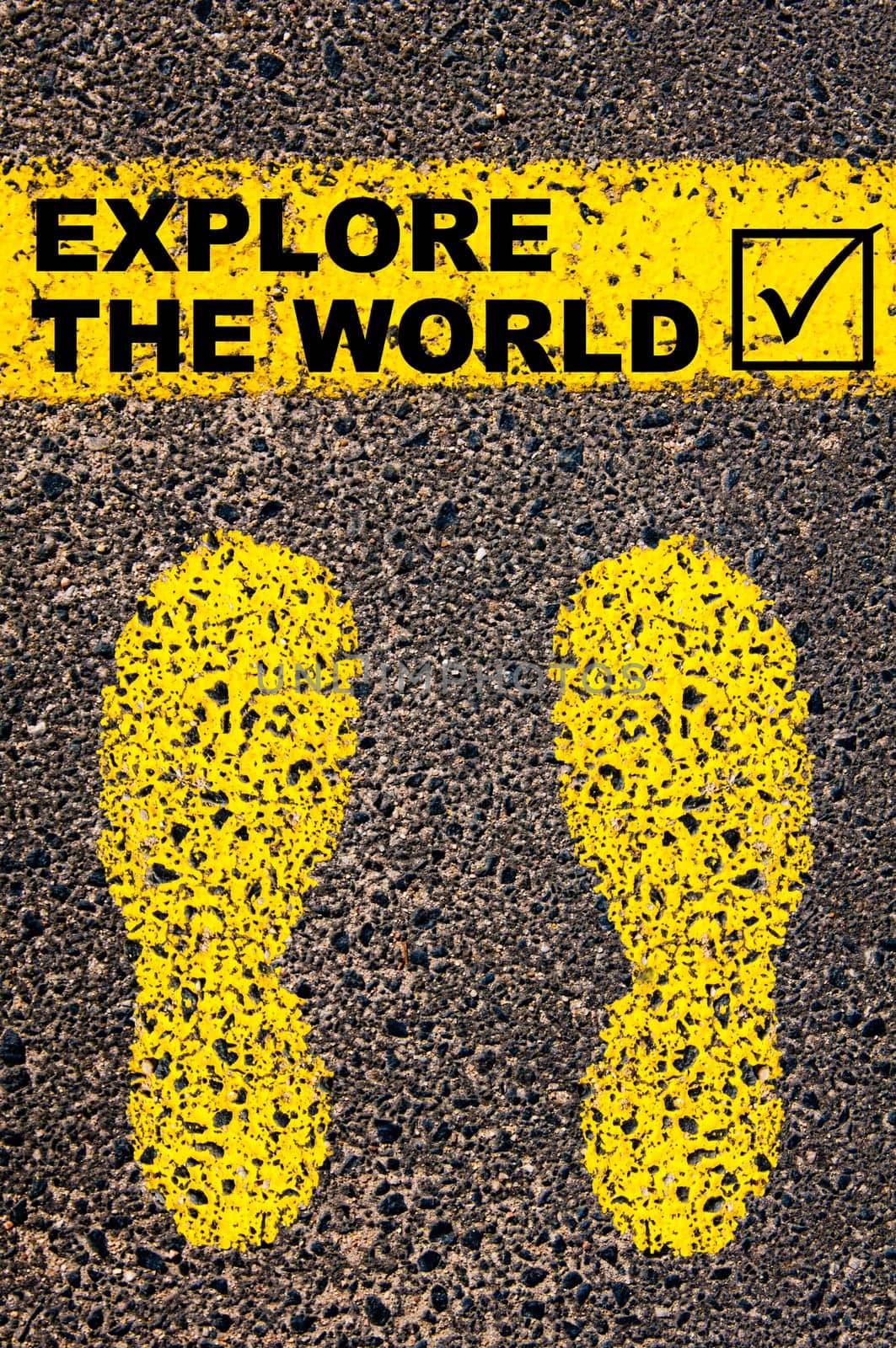 Conceptual image with yellow paint footsteps on the road in front of horizontal line over asphalt stone background. Word XXXXXXXX