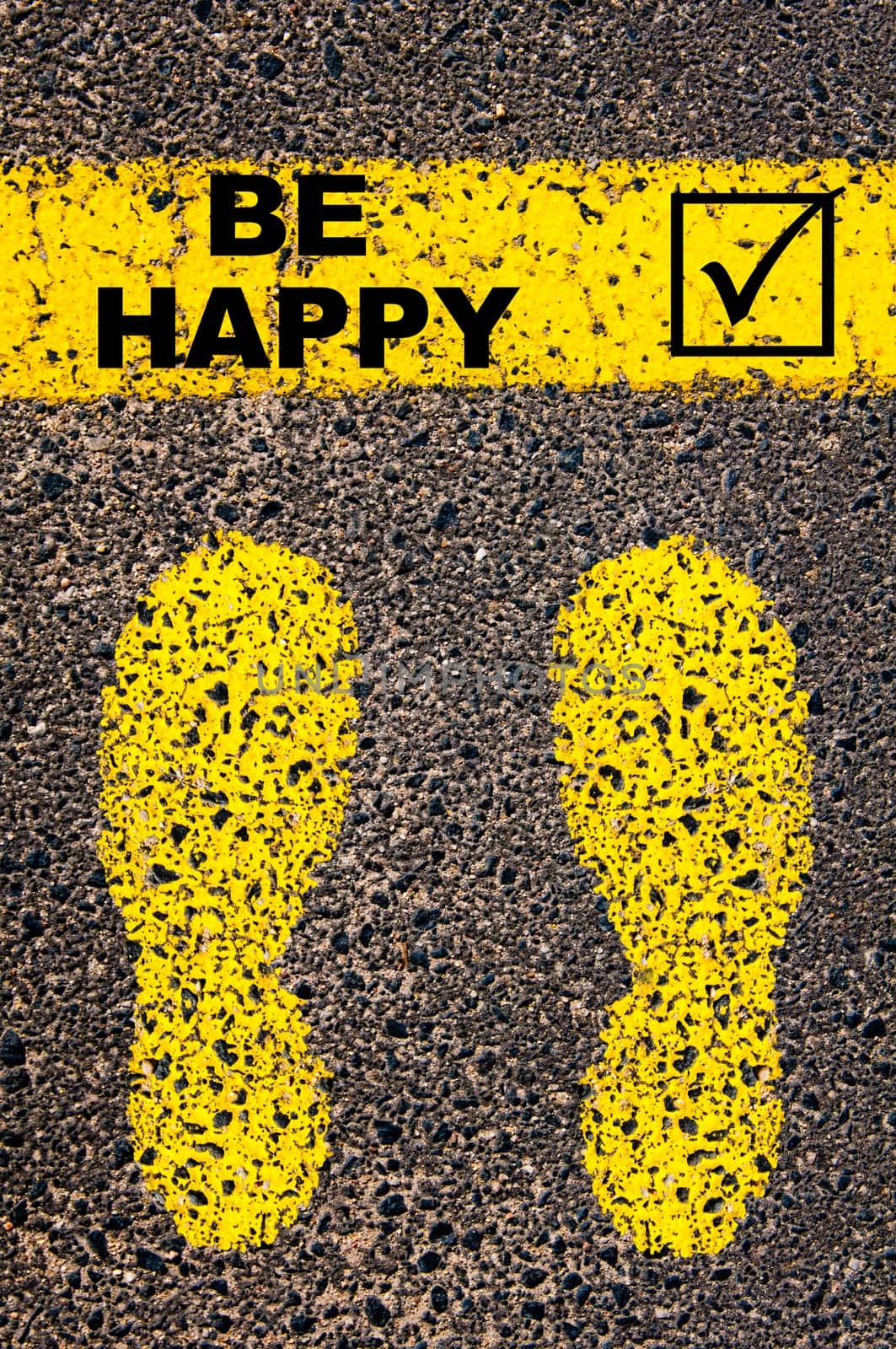 Conceptual image with yellow paint footsteps on the road in front of horizontal line over asphalt stone background. Word XXXXXXXX