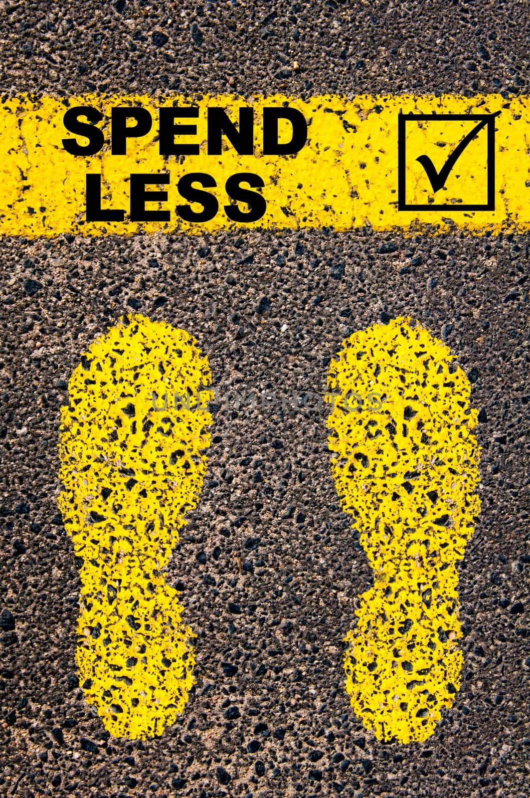 Conceptual image with yellow paint footsteps on the road in front of horizontal line over asphalt stone background. Word XXXXXXXX