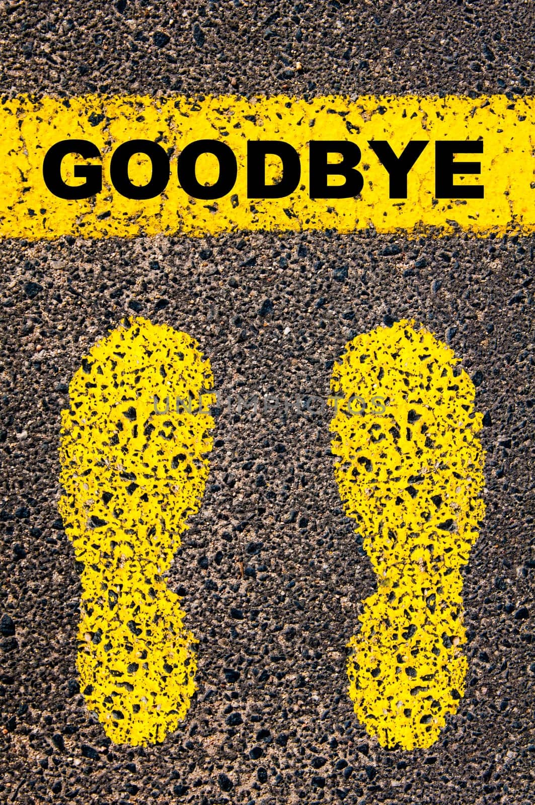 Conceptual image with yellow paint footsteps on the road in front of horizontal line over asphalt stone background. Word XXXXXXXX