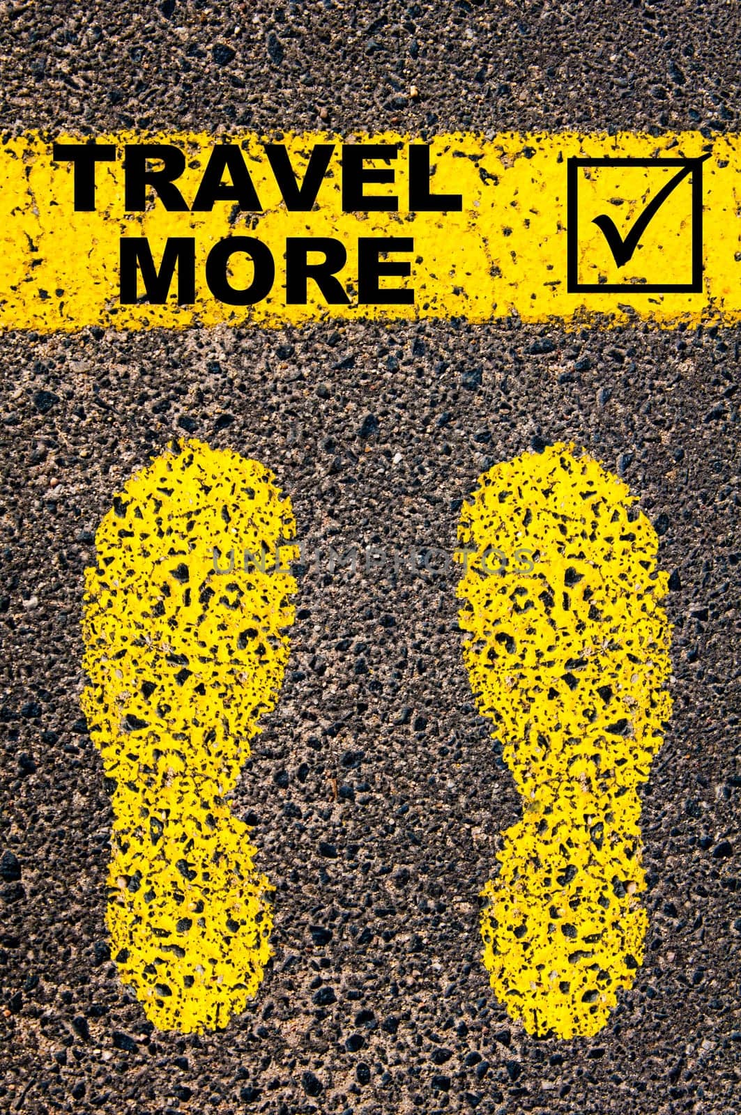 Conceptual image with yellow paint footsteps on the road in front of horizontal line over asphalt stone background. Word XXXXXXXX