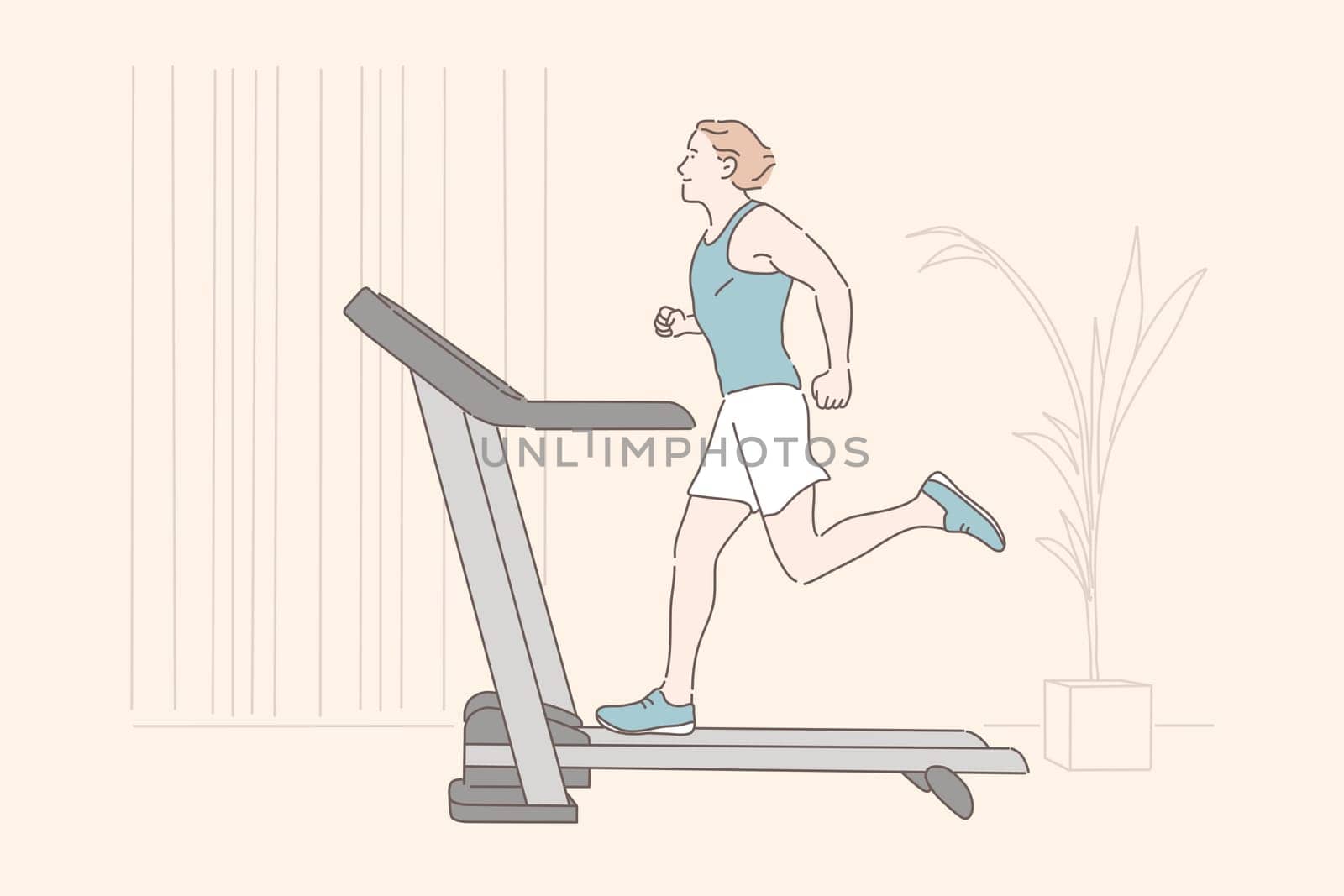 Sports workout, endurance home training, physical exercise concept. Young sportsman jogging on treadmill, healthy lifestyle, active recreation, man using gym equipment. Simple flat vector