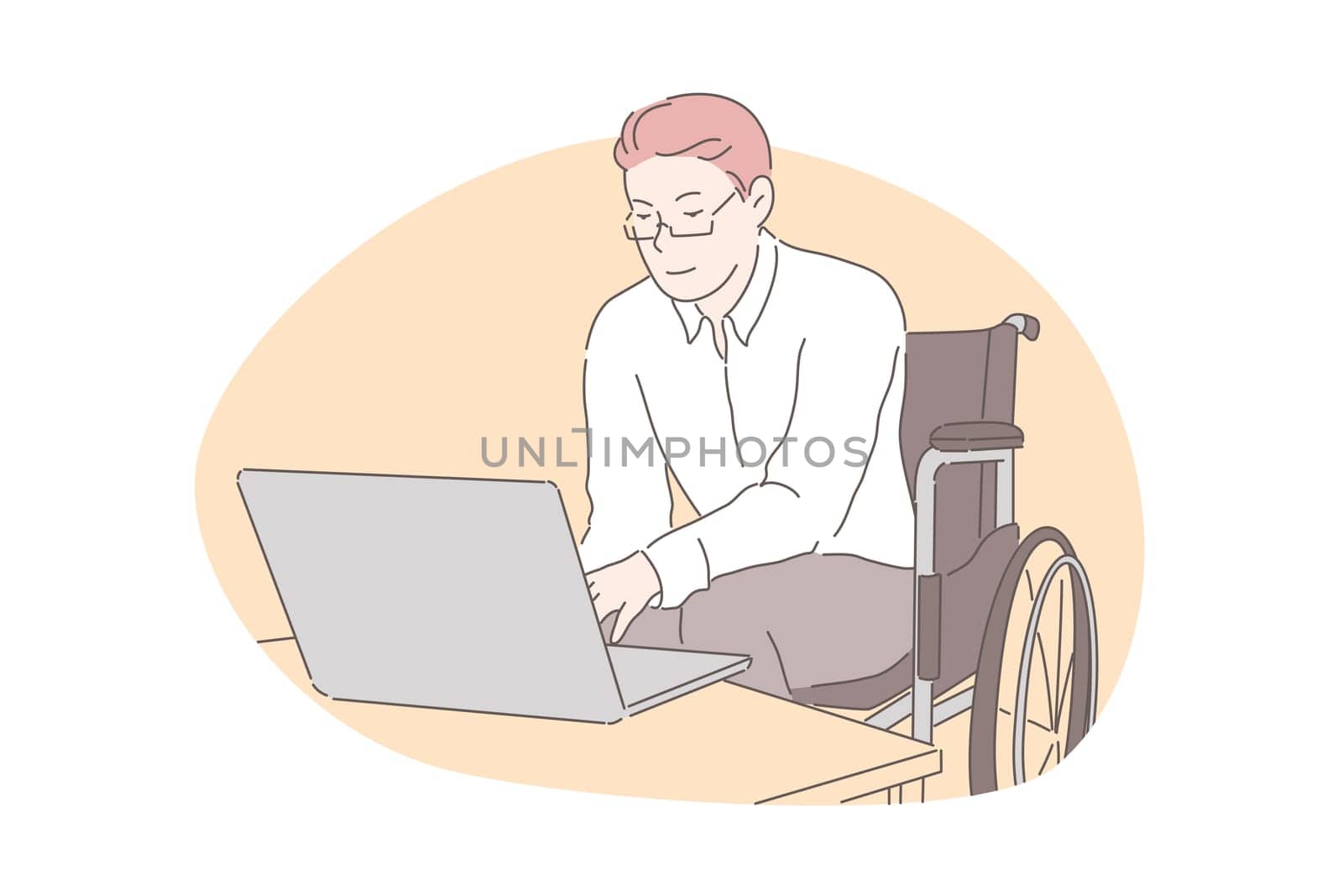Home education, remote job, accessibility concept. Young freelancer, company employee, handicapped businessman working with laptop, disabled college student surfing internet. Simple flat vector
