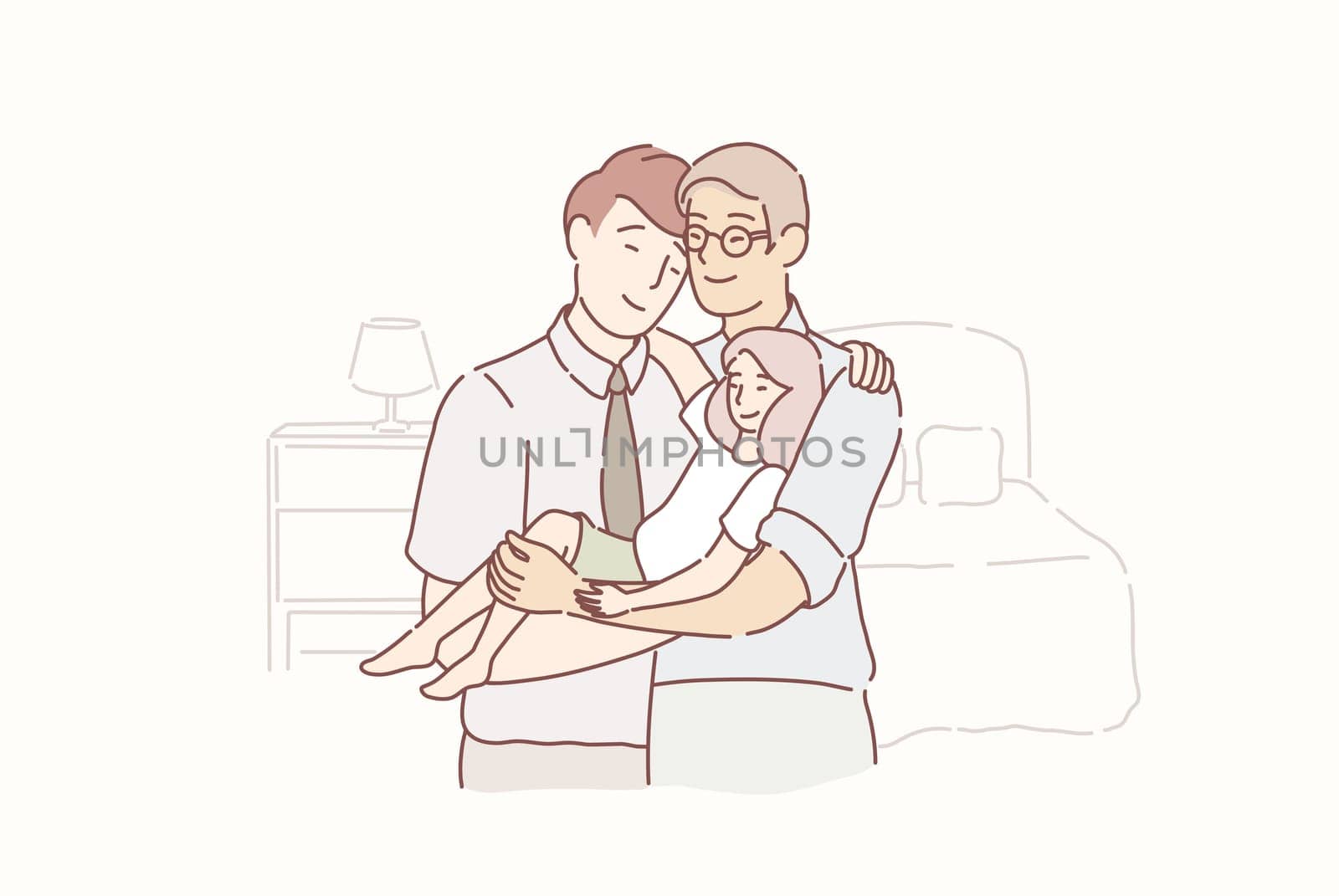 Lovely gay family. Two adult men and small baby standing together in the room at home. Husband and husband holding toddler. Homosexual couple with baby. Male gay couple with foster daughter. Adoption. Cartoon flat Design, Isolated Vector Illustration.