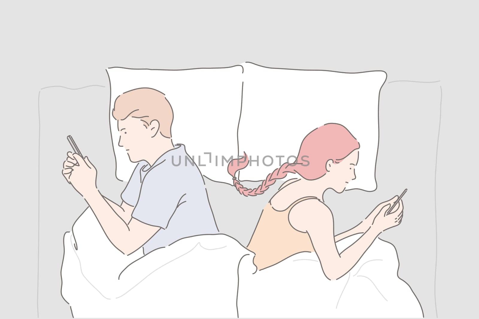 Relationship trouble, mobile phone addiction, marriage crisis concept, Girlfriend and boyfriend lying in bed with smartphones, modern lifestyle problem, communication problem, Simple flat vector