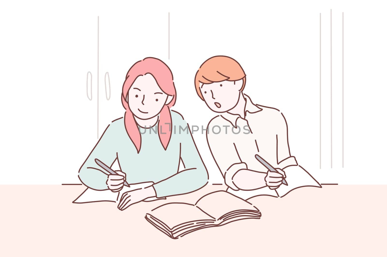 Cheating on test. Teenager student peeping to the test-book of his female classmate sitting one desk before him. Boy copying another students work in exam i nexam hall in college. Cartoon flat Design, Isolated Vector Illustration.