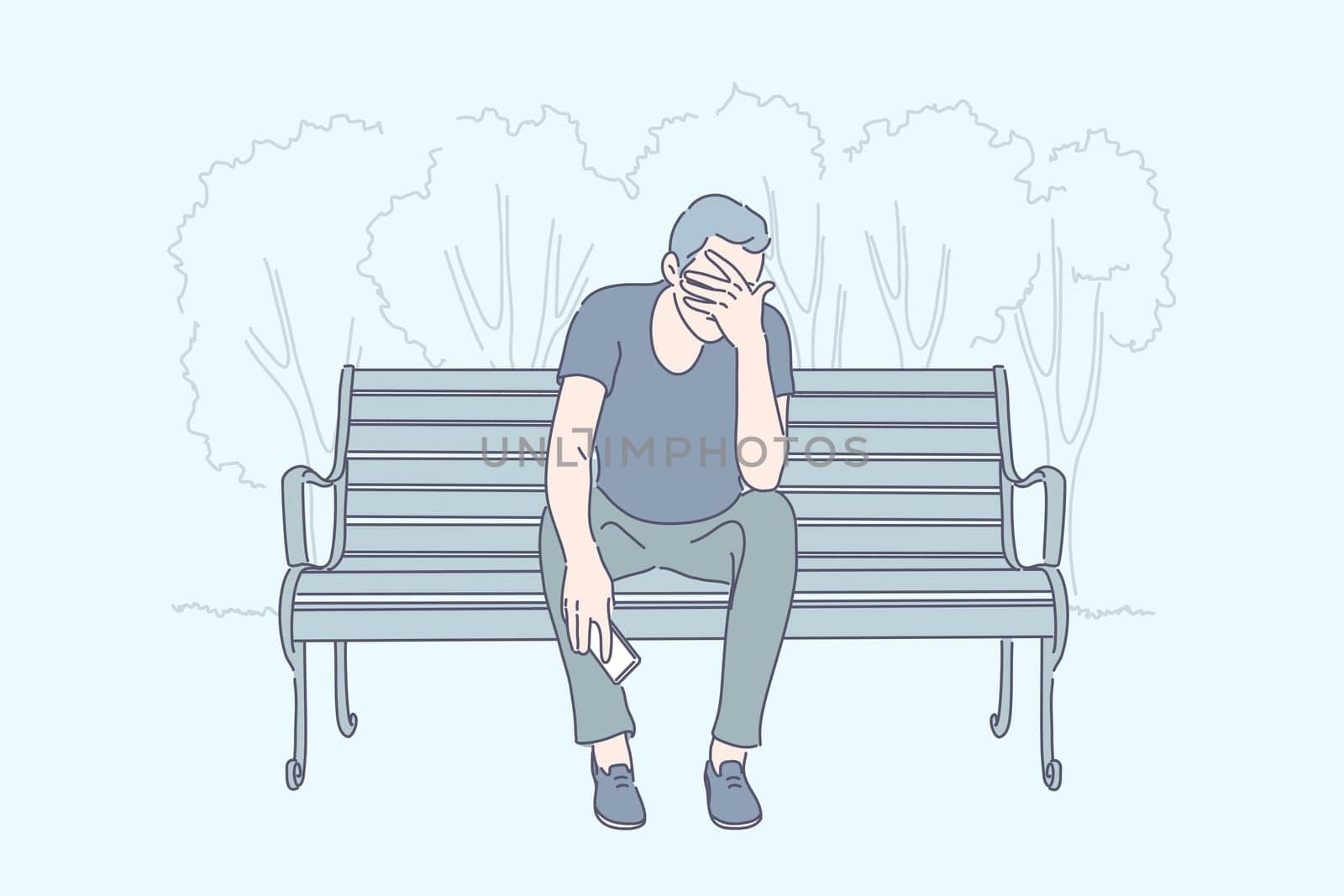 Frustration, emotional stress, depression concept. Young man sitting on bench with phone, desperate guy receiving bad news, psychological problem, sad person with migraine. Simple flat vector