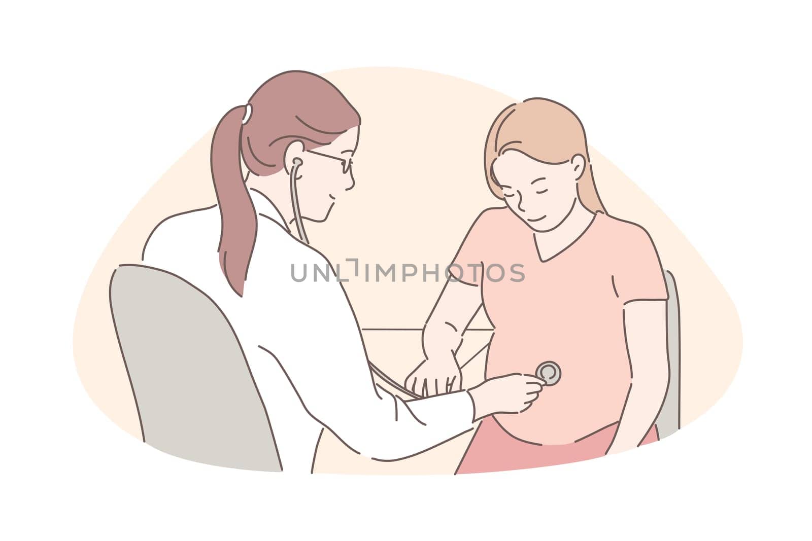 Childbearing, gestation, pregnancy concept. Happy expectant woman visiting doctor, friendly physician listening unborn child heartbeat with stethoscope, future mom health checkup. Simple flat vector
