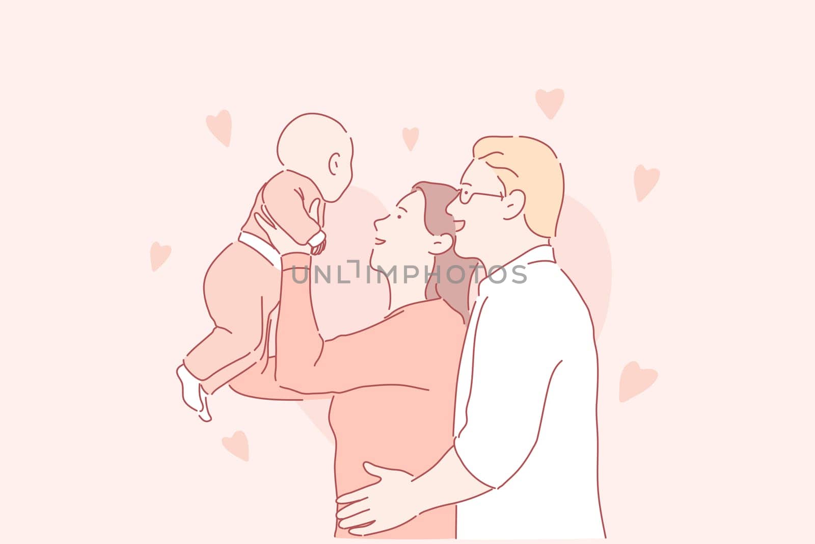 Happy parenthood, young family, childcare concept. Cheerful man and woman with newborn baby, joyful father hugging mother with infant, parents playing with toddler. Simple flat vector