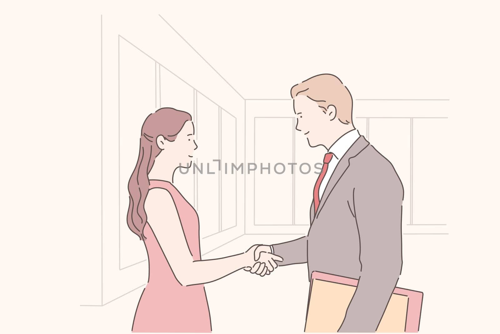 Business deal, real estate business, house purchase concept. Smiling woman and man in suit shaking hands, realtor selling home to buyer, young lady renting apartment. Simple flat vector