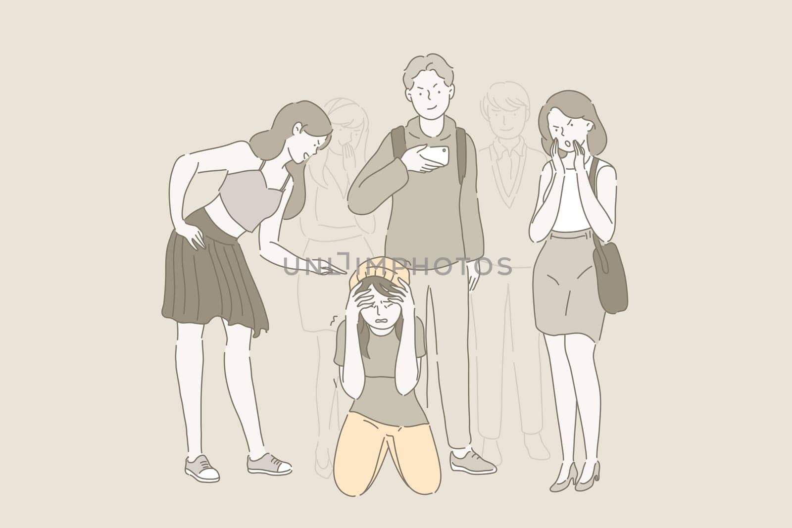 Bullying at school and problem of mockery. Sad teenage girl sitting on floor surrounded by classmates mocking her, taking photos on smartphones scoffing. ?yberbullying. Cartoon flat Design, Isolated Vector Illustration.