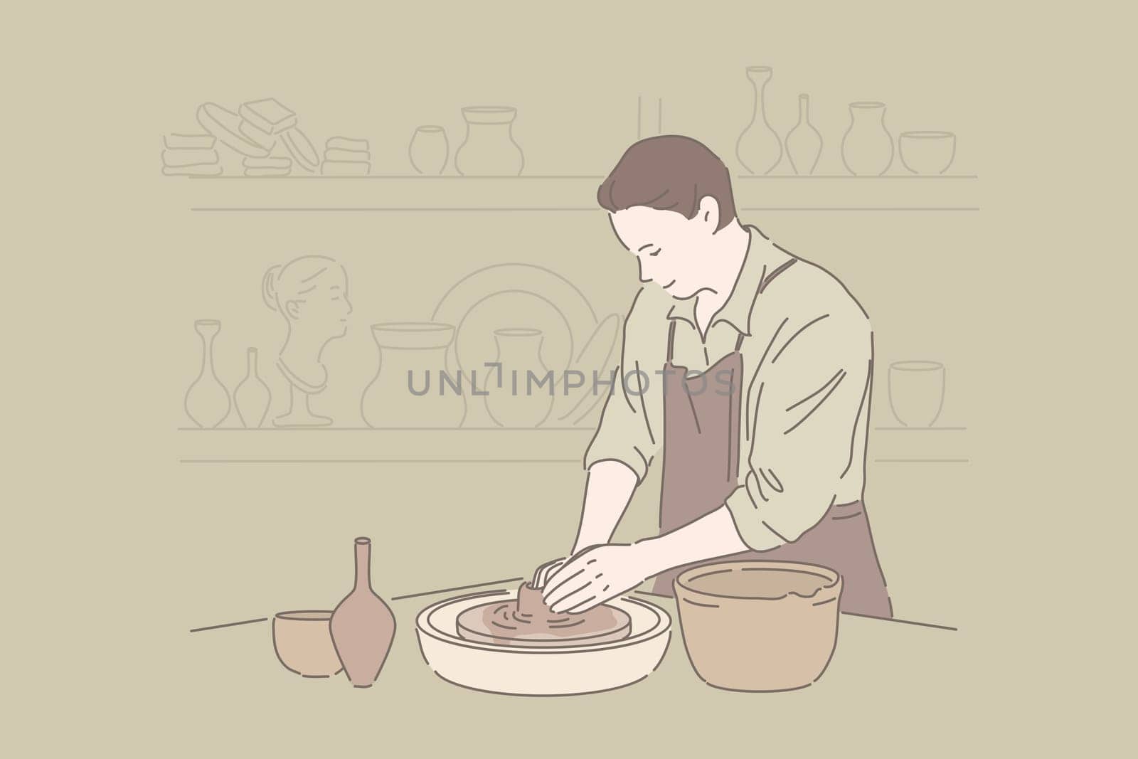 Clayware crafting, craftsmanship hobby, handmade pottery concept. Young man visiting handicraft classes, earthenware workshop, professional clay artist in apron making ceramic jar. Simple flat vector