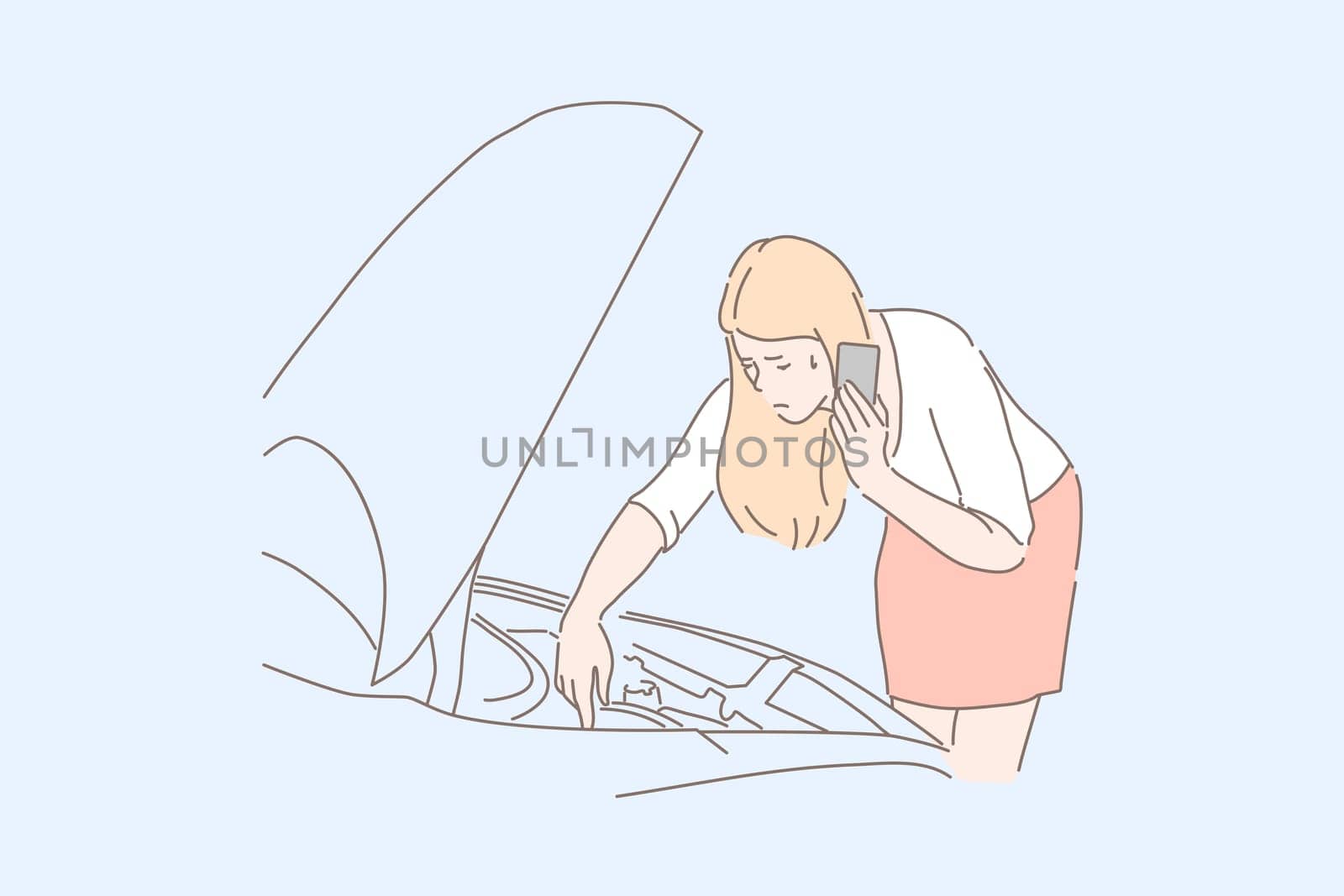 Automobile breakdown, car problem, emergency situation concept. Young woman looking under vehicle hood, blonde calling to maintenance service, girl receiving consultation on phone. Simple flat vector