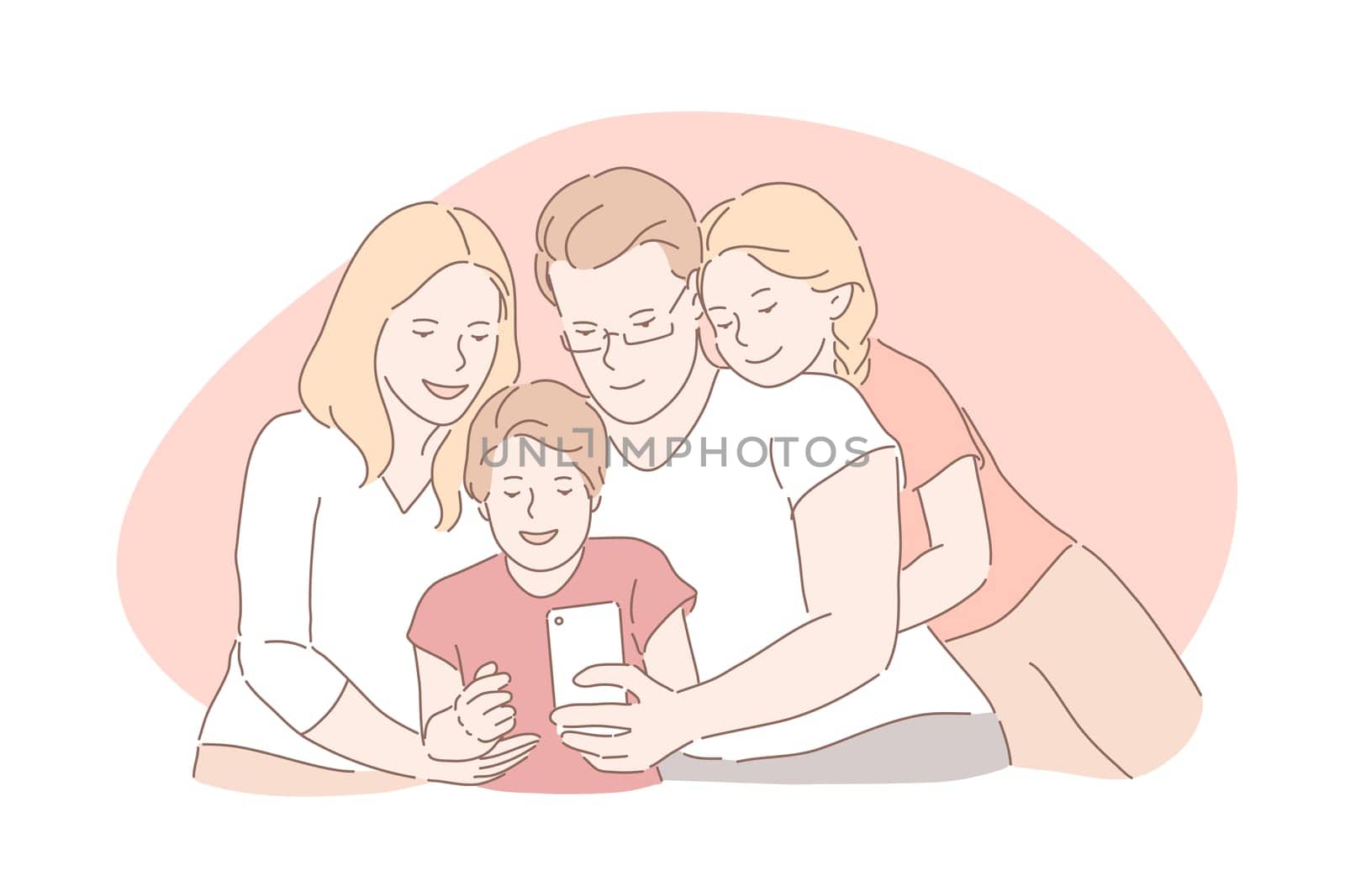 Family bonding, happy childhood, parenthood concept. Relatives taking selfie together, capturing important life moments, mother, father, daughter and son posing for group portrait. Simple flat vector