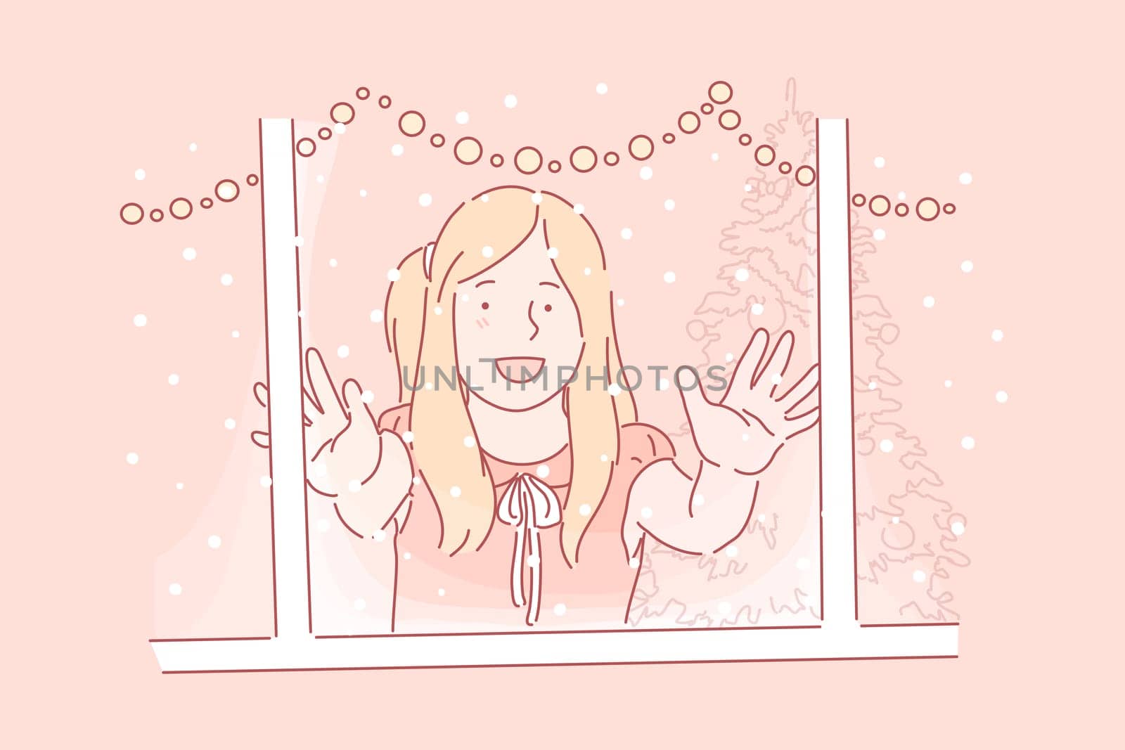 First snow, happy childhood, wintertime concept. Cheerful little girl looking outside window, adorable child excited about snowfall, winter holiday, christmas celebration. Simple flat vector