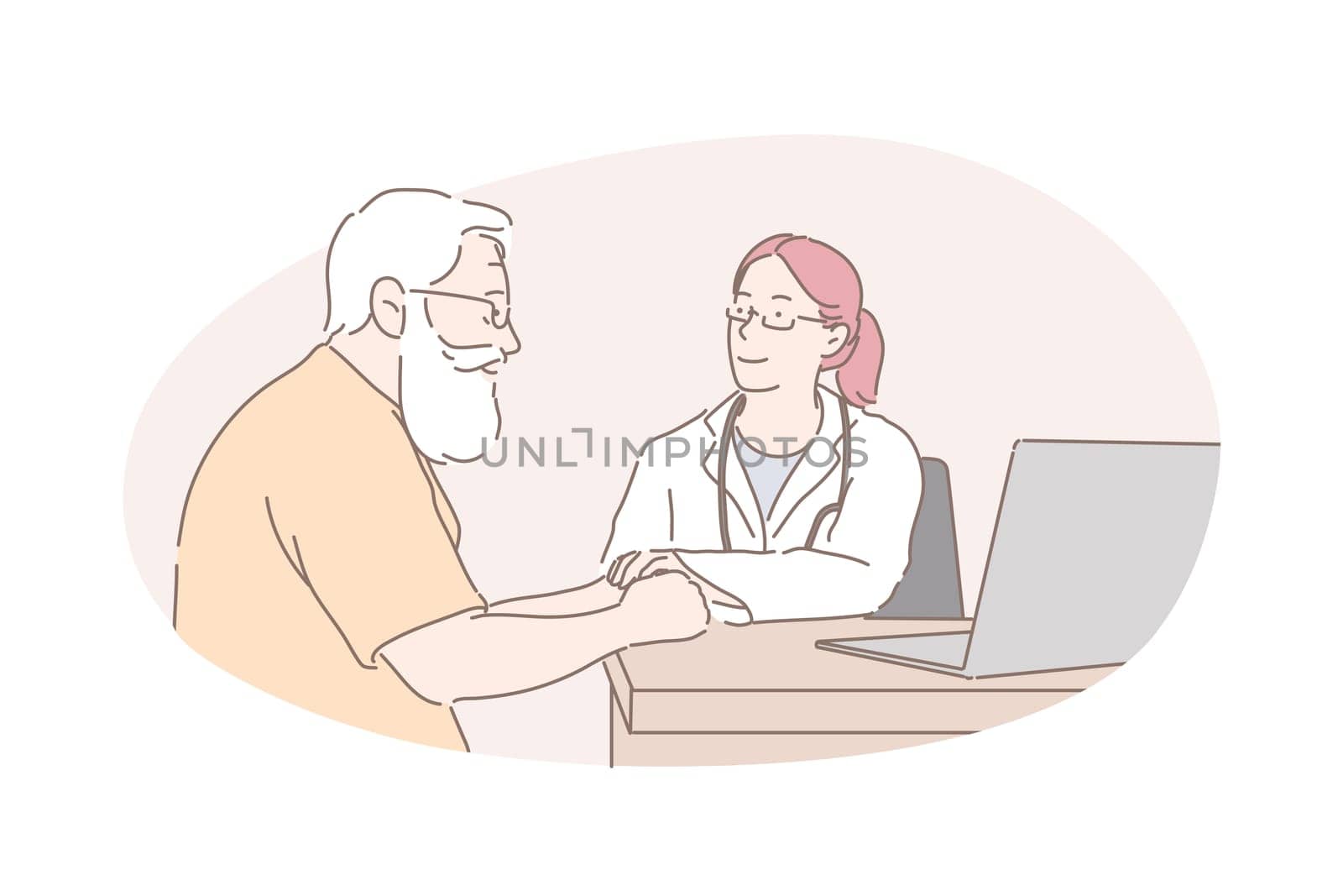 Healthcare industry, health examination, doctor advice concept. Old man receiving medical help, professional doctor consultation, friendly practitioner telling patient good news. Simple flat vector