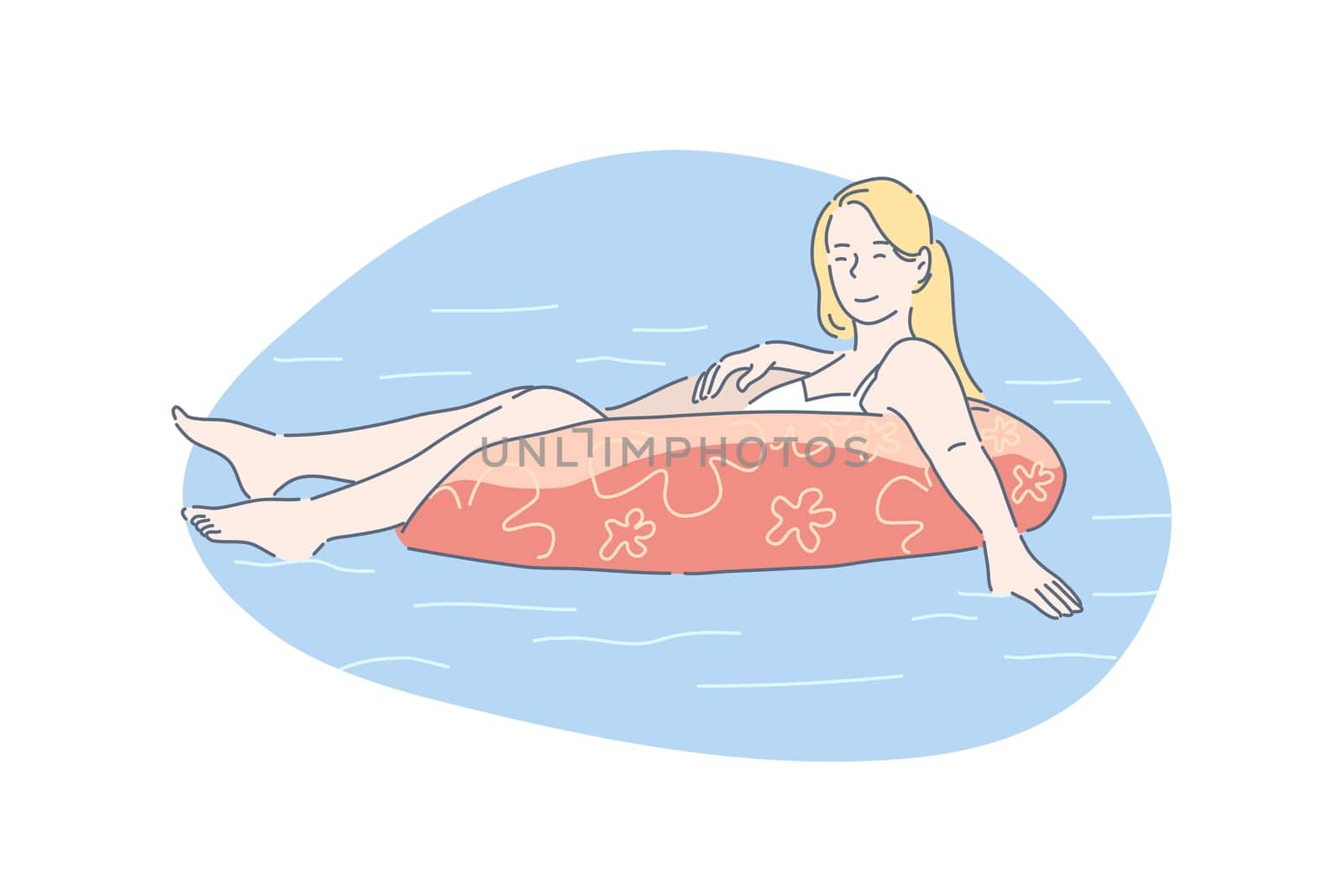 Summer vacation, sea resort, seasonal holidays concept. Beautiful young woman swimming with rubber ring, tropical recreation, attractive lady floating on inflatable mattress. Simple flat vector