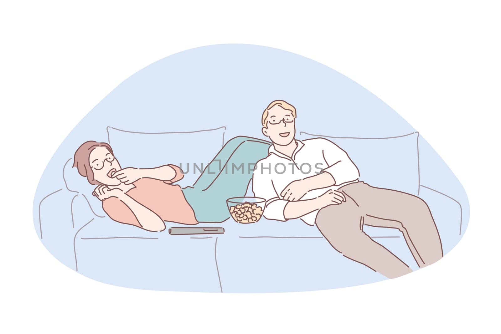 Movie night, media entertainment, indoor recreation concept. Happy couple watching TV together, cheerful girlfriend and boyfriend lying on sofa with popcorn, leisure activity. Simple flat vector