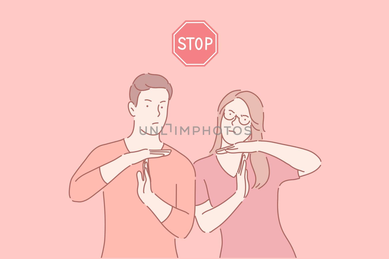 Stop working, time break gesture, timeout signal concept. Man and woman showing body language sign with palms and fingers. People order making pause. Nonverbal communication. Simple flat vector