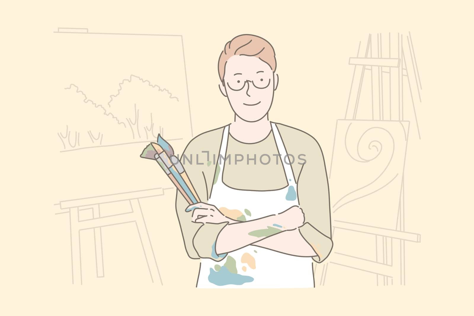Painting hobby, art studio, workshop concept. Male painter in apron holding paintbrushes, young talented artist, drawing class teacher surrounded with pictures. Simple flat vector