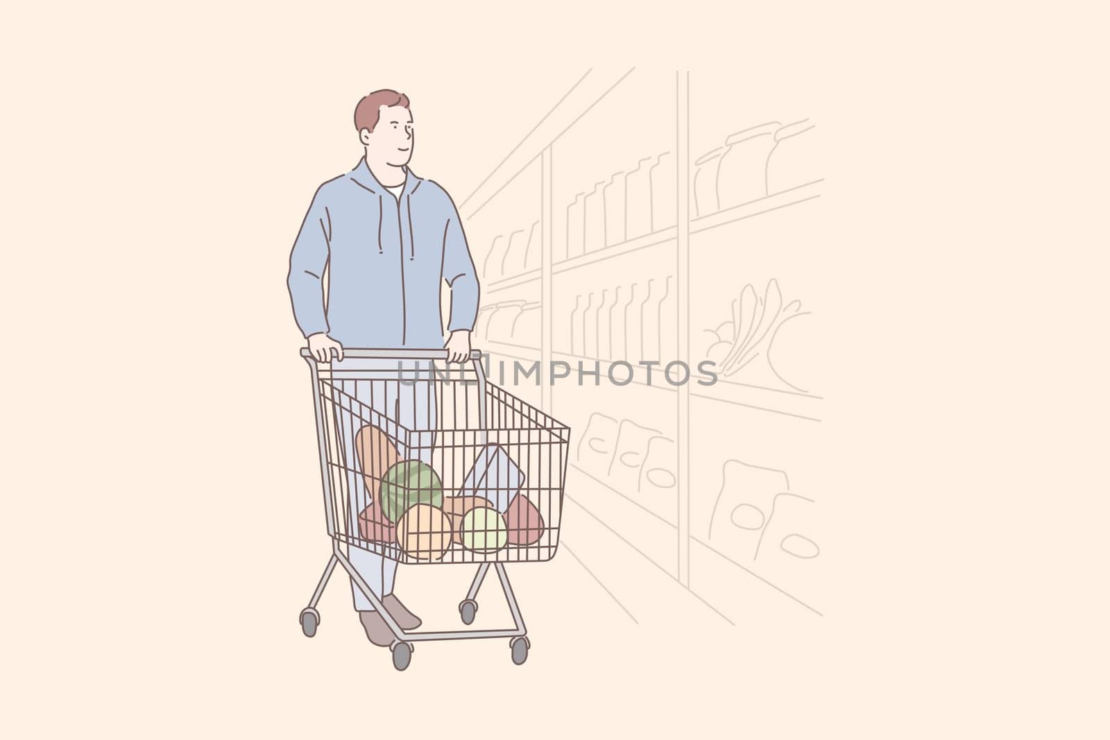 Grocery shopping, department store, commerce concept. Young man choosing fresh products, mall customer pushing cart, supermarket client with natural fruits and vegetables trolley. Simple flat vector