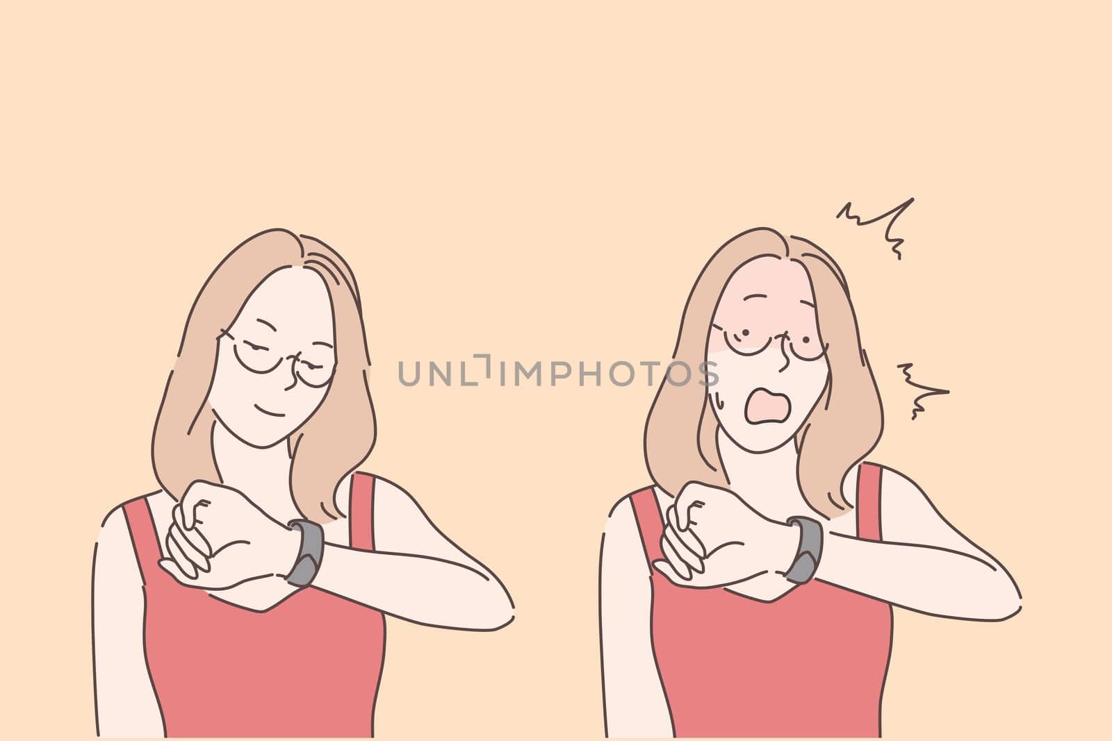 Bad time management, emotional reaction, stress concept. Shocked young woman looking at watch, college student late for meeting, office worker forgot about deadline. Simple flat vector