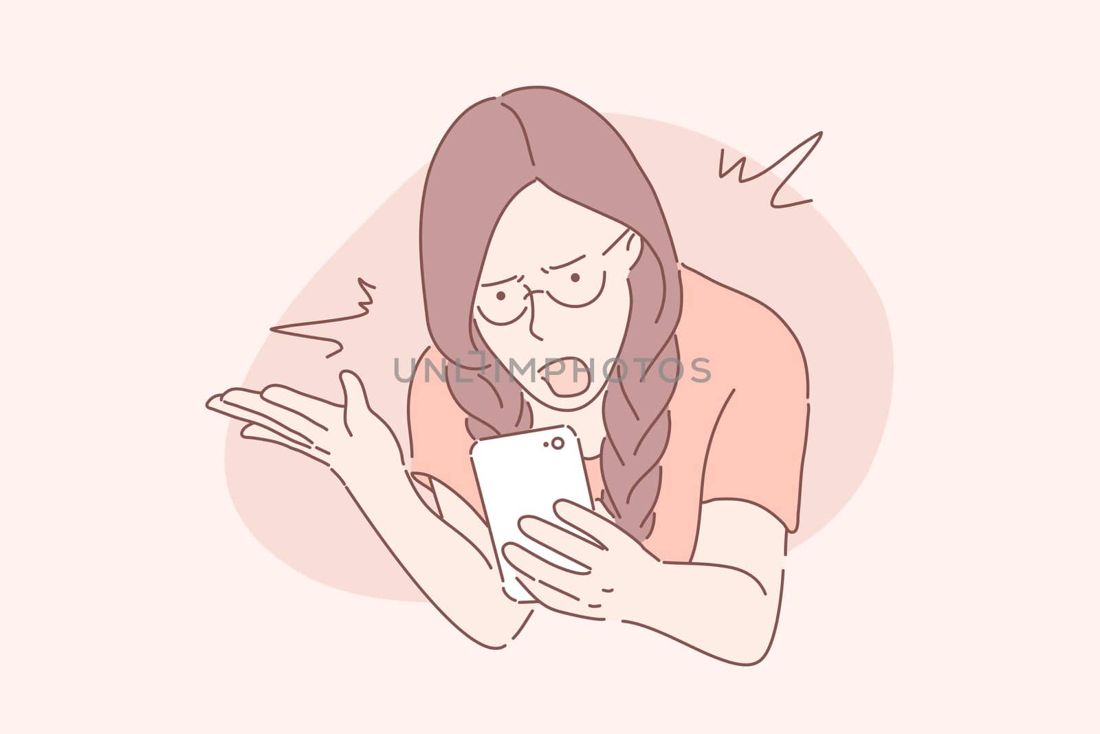 Anger, frustration, confusion concept. Nervous girl looking at smartphone screen. Furious teenager irritated with phone malfunction. Mad woman angry with bad message. Simple flat vector