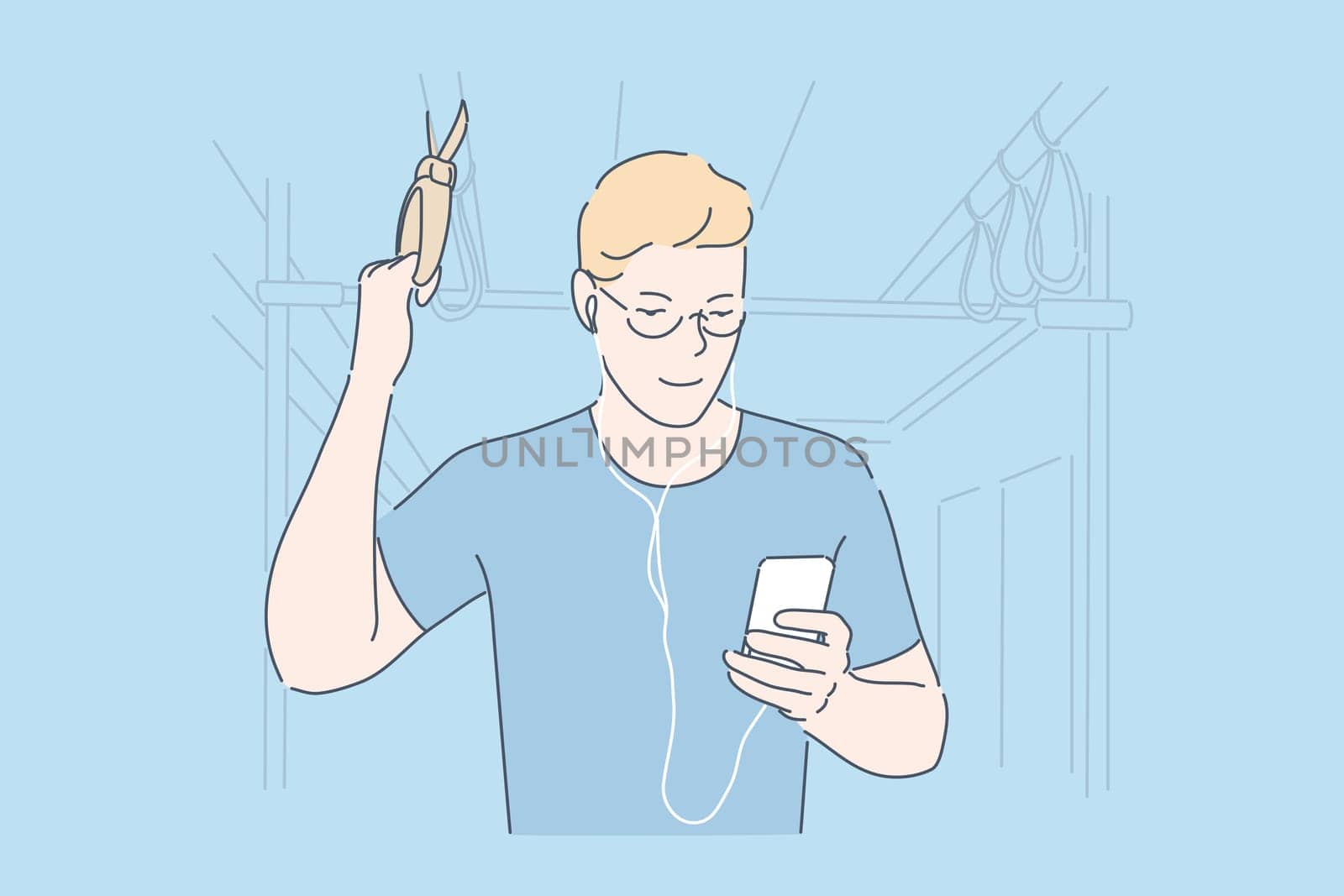 Commuting, using smartphone, bus passenger concept. Male commuter surfing web in public transport, underground. Young man listening music on cellphone with headphones. Simple flat vector