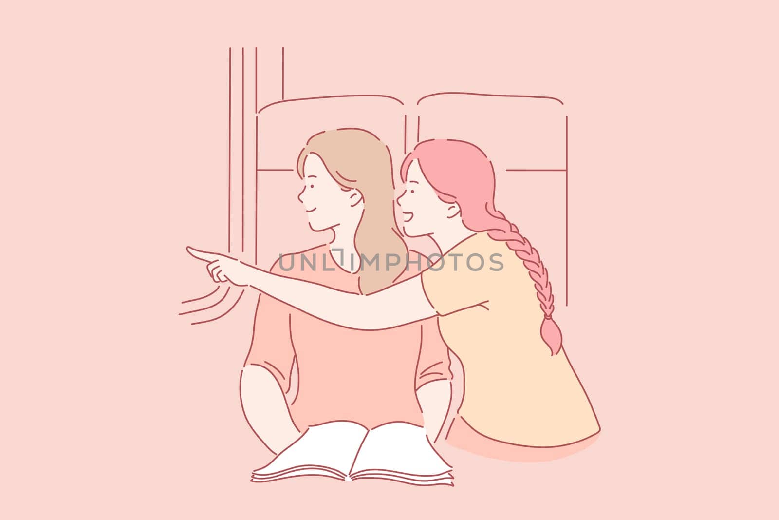 Travelling by train concept. Mother and child enjoying window view, tourists having happy trip in passenger car, pleasant railway journey, cute girlfriends travelling together. Simple flat vector