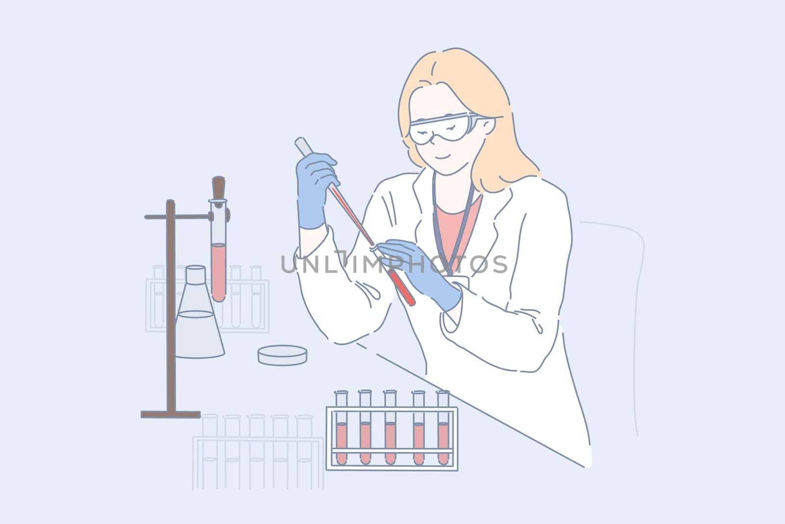 Lab worker at work concept. Female researcher, doctor in protective glasses and white coat making blood test, young chemist, pharmacologist studies samples in scientific experiment. Simple flat vector