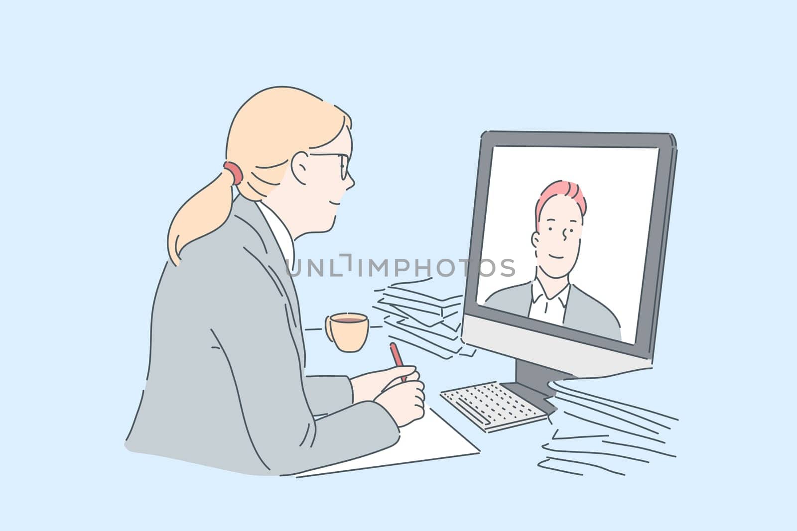 Woman making video call concept. Office worker communicating with business partner online, using modern communication technologies at work, watching internet educational course. Simple flat vector