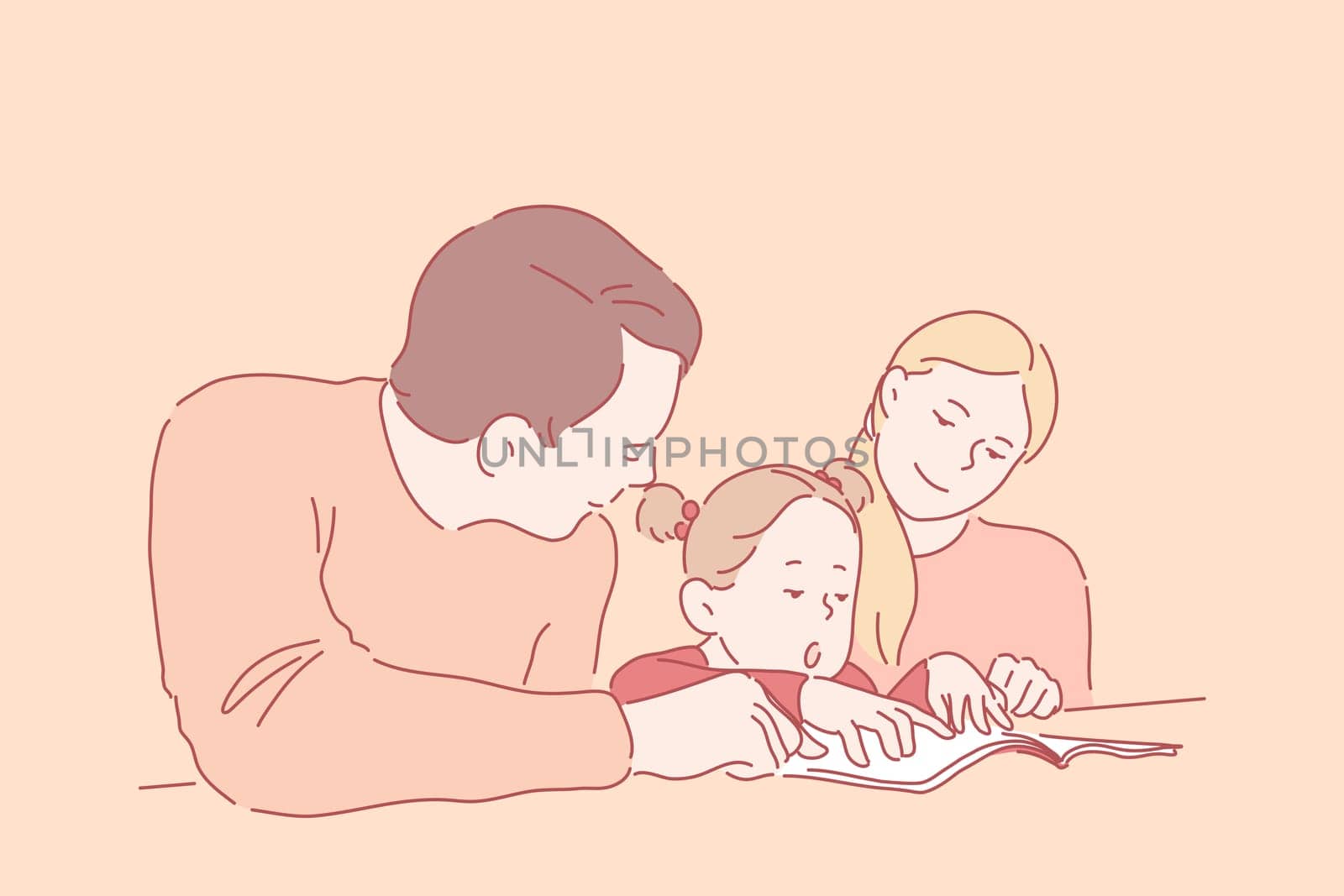 Preschool education, parenthood, childhood concept. A little girl learns to read or write with young parents. Happy, smiling mother and father teach their daughter at home. Simple flat vector