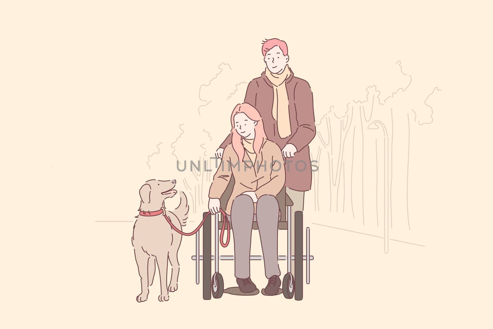 Disabled person support, love concept. Handicapped young girl with man in park, woman in wheelchair, wife walking with husband and dog, happy family spending time together. Simple flat vector