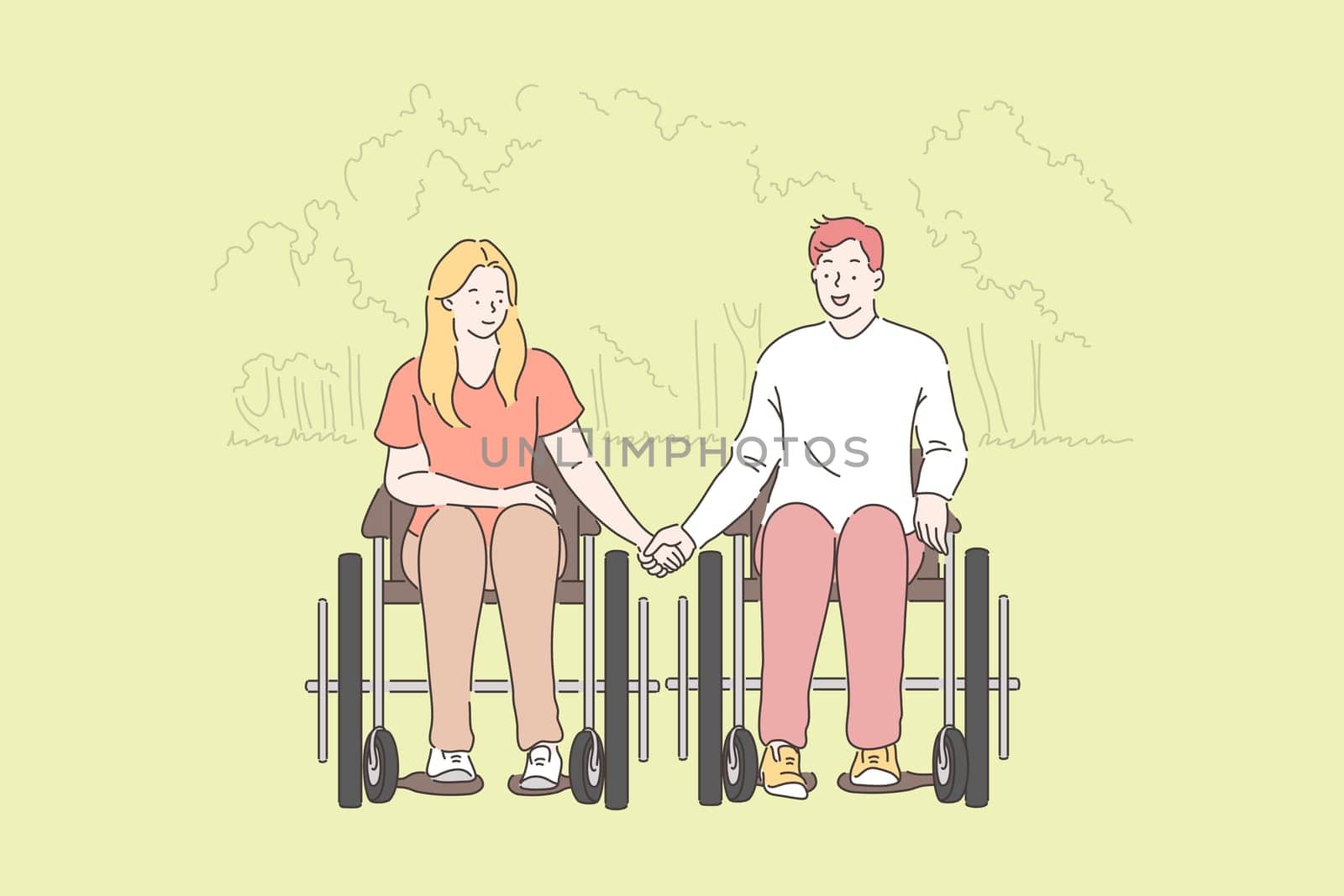 Disabled people, romantic relationship concept. Handicapped couple in park, young woman and man in wheelchairs, wife holding hands with husband, happy family spending time together. Simple flat vector