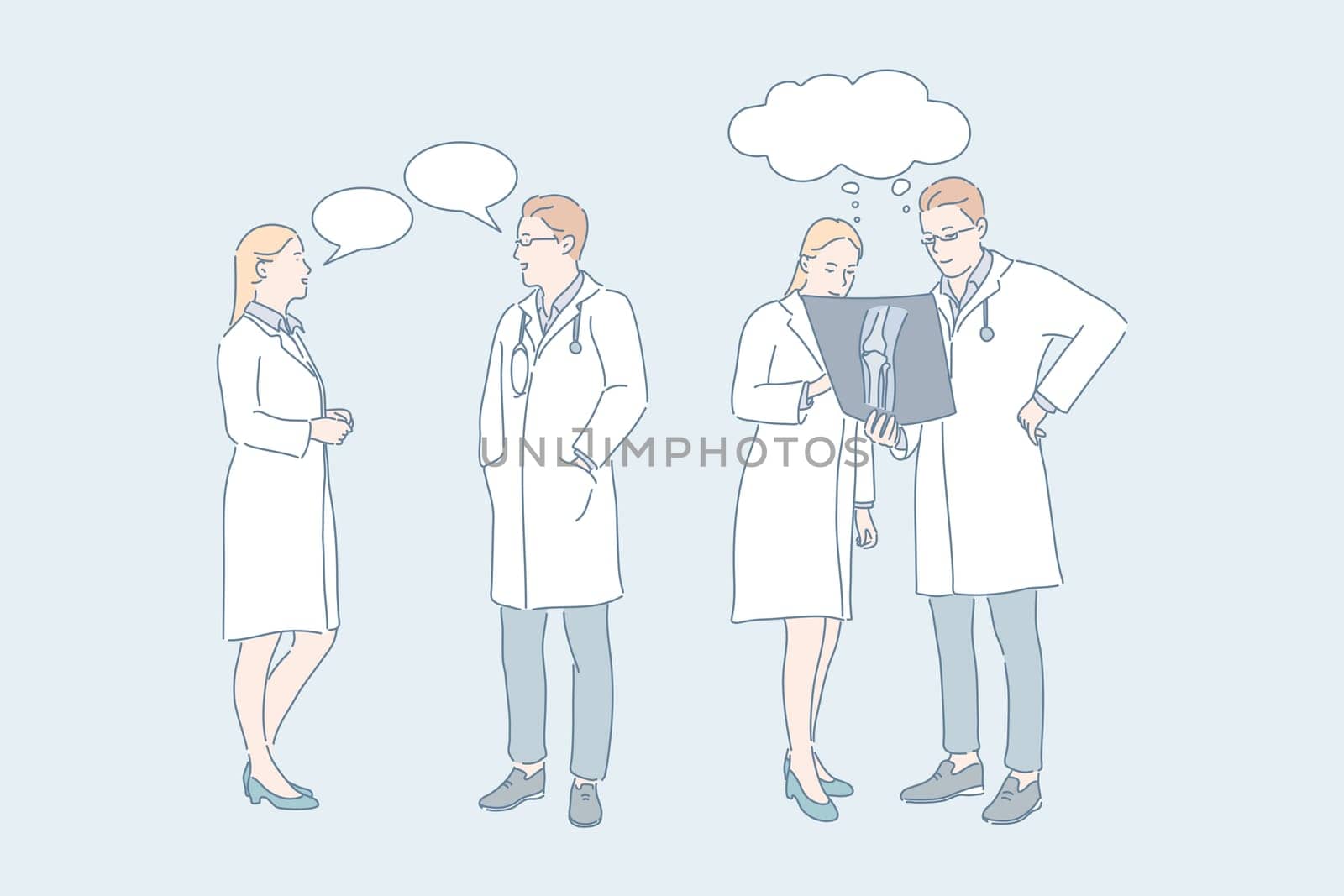 Doctor work, medical consultation, concilium concept. Medicine, injury treatment, therapy, male and female traumatologists with roentgenogram, people and speech bubbles. Simple flat vector
