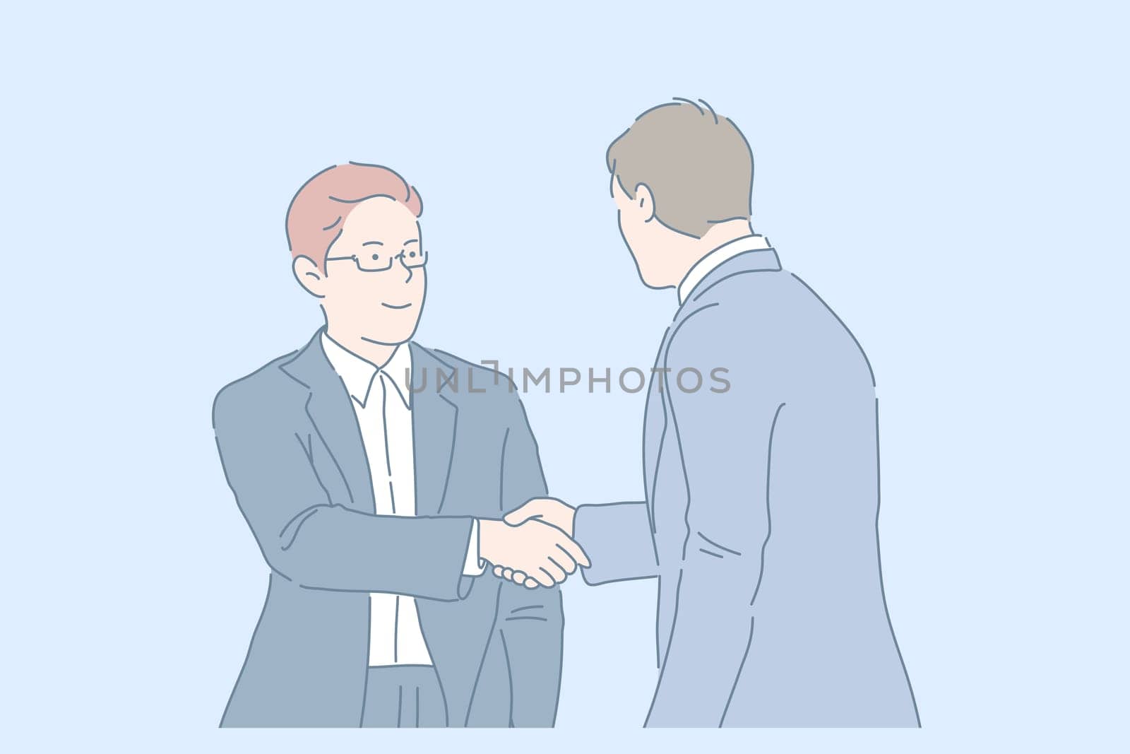 Handshake, partnership, deal concept. Young businessmen or partners shake hands with each other. Smiling business people signed a contract. Simple flat vector