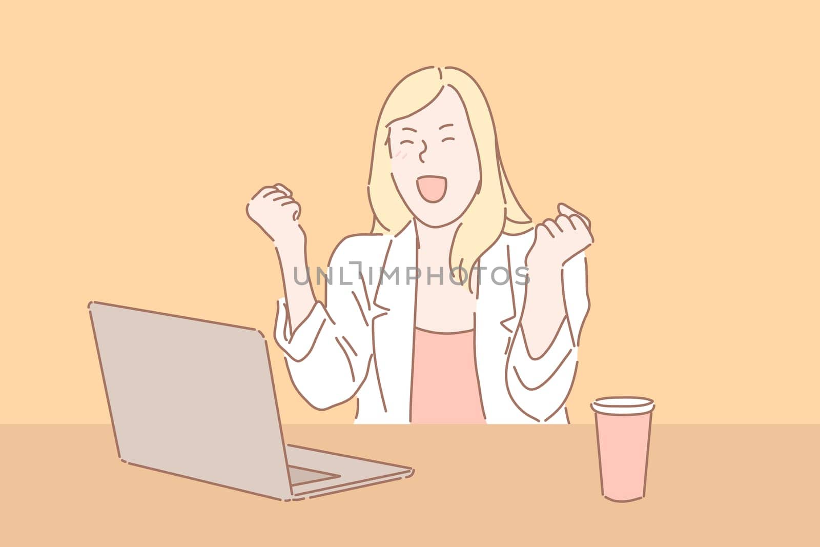 Woman reacting to good news concept. Business lady shouting with excitement, female boss receiving pleasant e mail, celebrating victory, office worker victorious gesture. Simple flat vector
