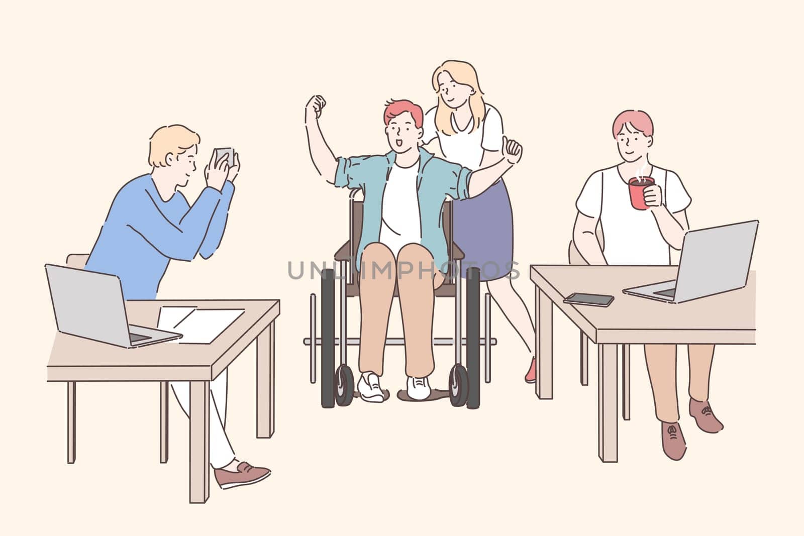 Disabled person working at office concept. Young girl with man on wheelchair, male colleagues sitting at table, working with laptops and drinking coffee at workplace. Simple flat vector