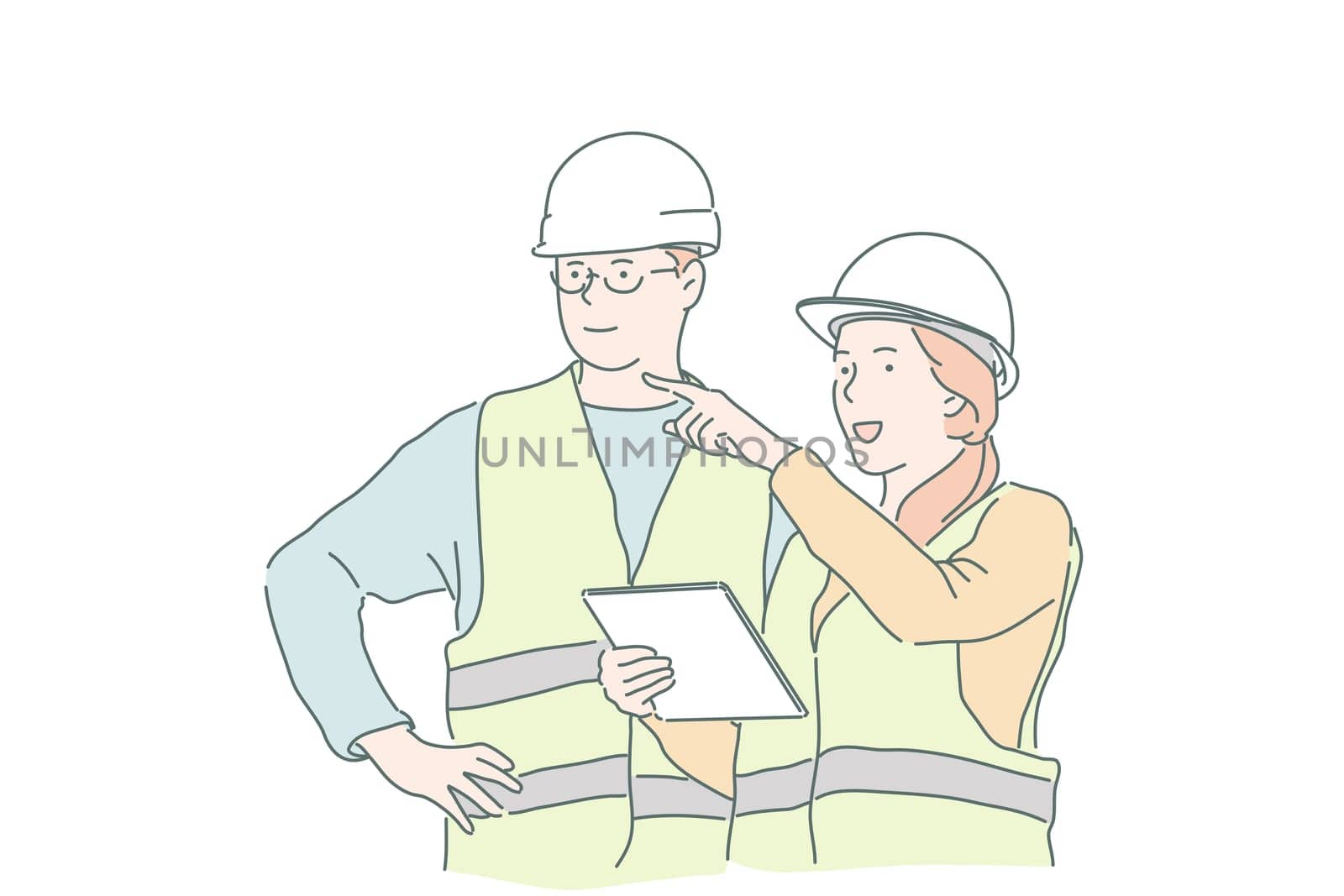 Construction, business, engineering, project plan concept. Young woman master businesswoman explains to builder foreman instructions and requirements. Teamwork, working together leaders. Flat vector.
