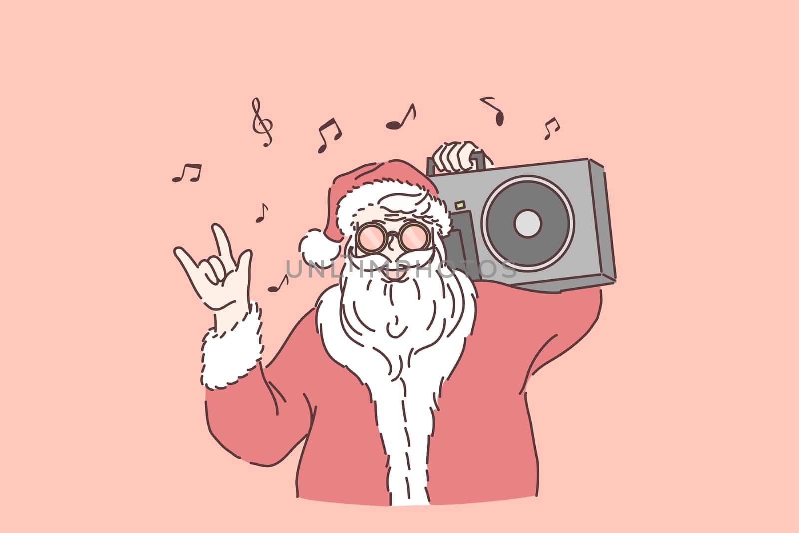 Winter holiday celebration concept. Stylish Santa Claus with boombox on shoulder, santa listening to music, showing rock n roll gesture, new year and Christmas party. Simple flat vector