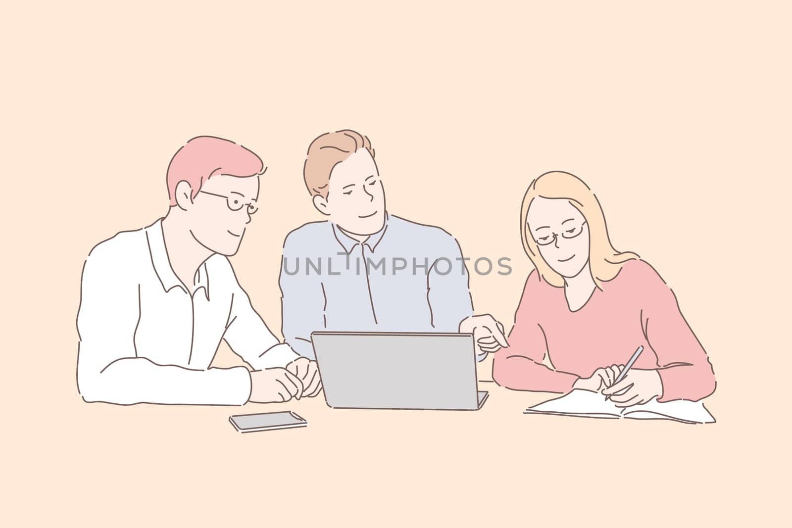 Partnership, teamwork, idea, business concept. Team of men and women, businessmen met at office, discuss, agree, plan. Partners businessmen and businesswoman develop, improve tactics work. Flat vector