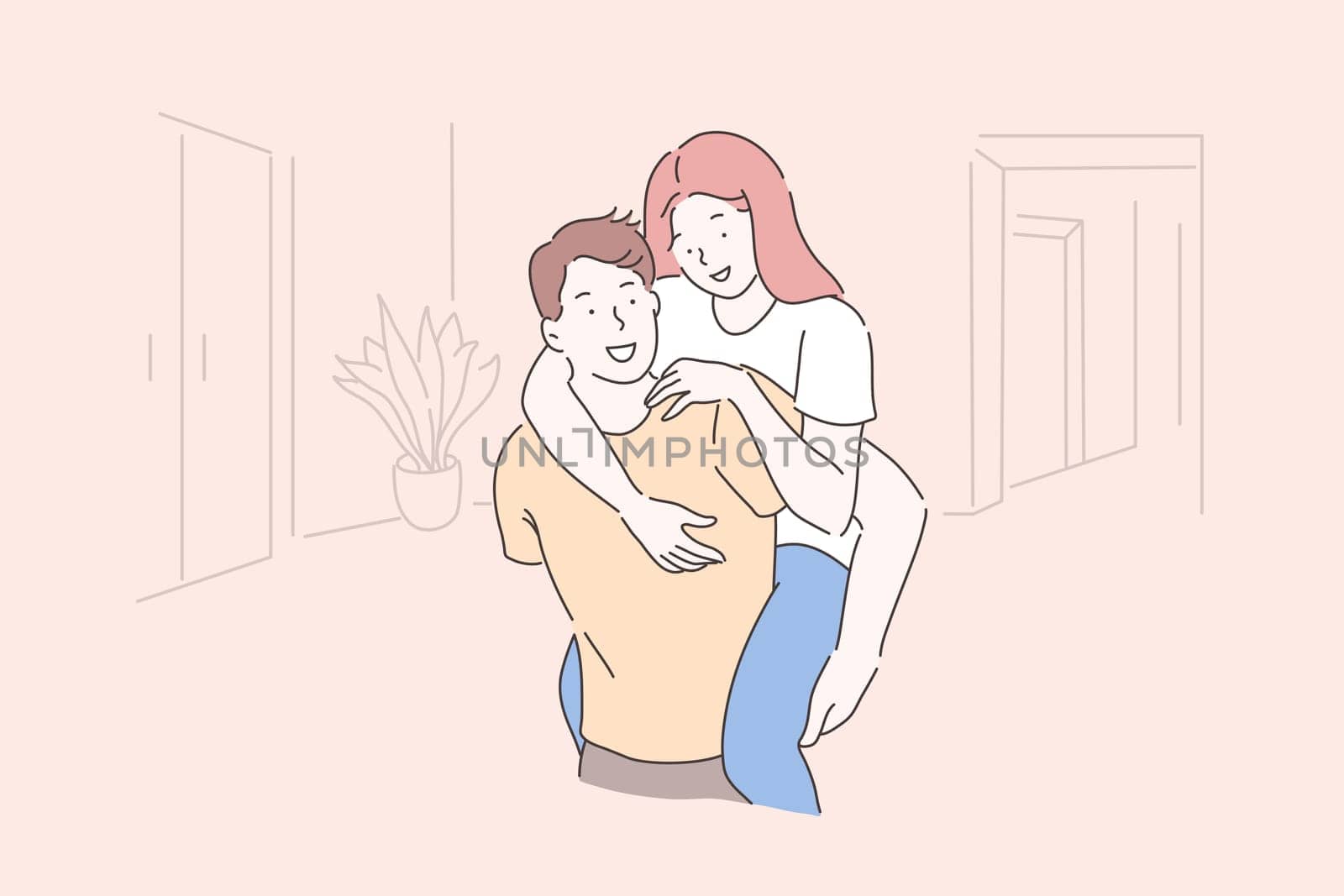 Friendship, romantic relationship concept. Happy boyfriend piggybacking his girlfriend, couple in love spending time together, smiling young man and woman having fun. Simple flat vector