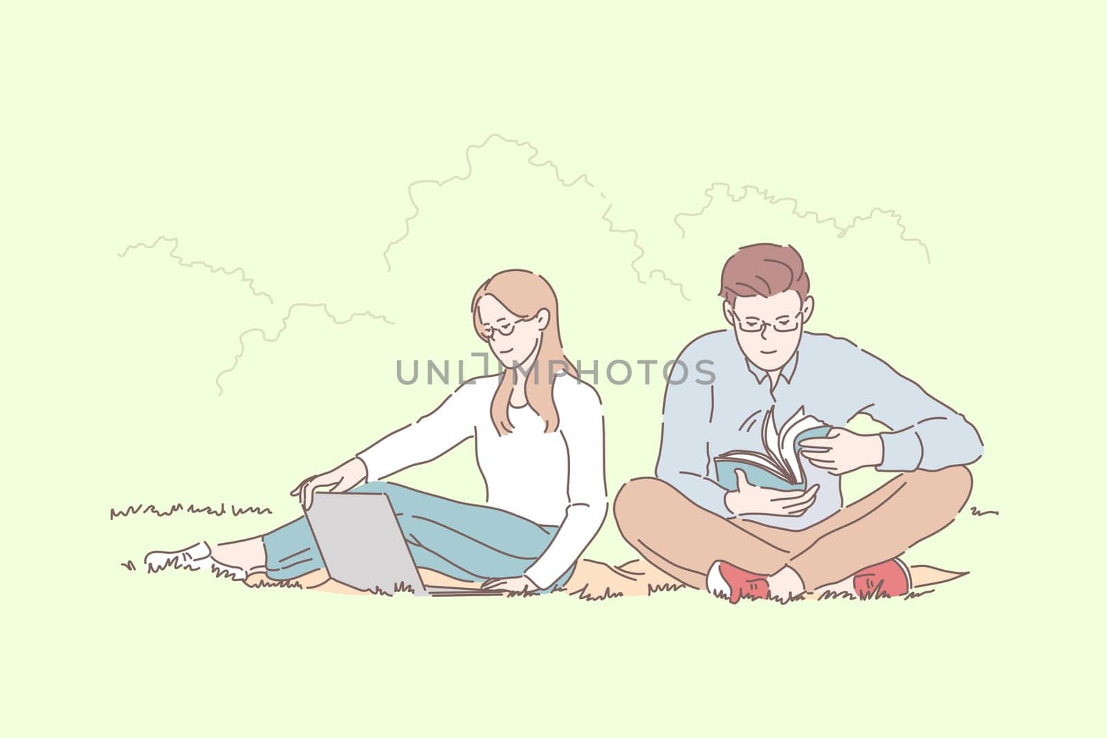 School, College, freelancing, preparing exam in park concept. Young couple man and woman, students do homework, prepare presentation together. Students boy and girl team friends relaxed. Flat vector.