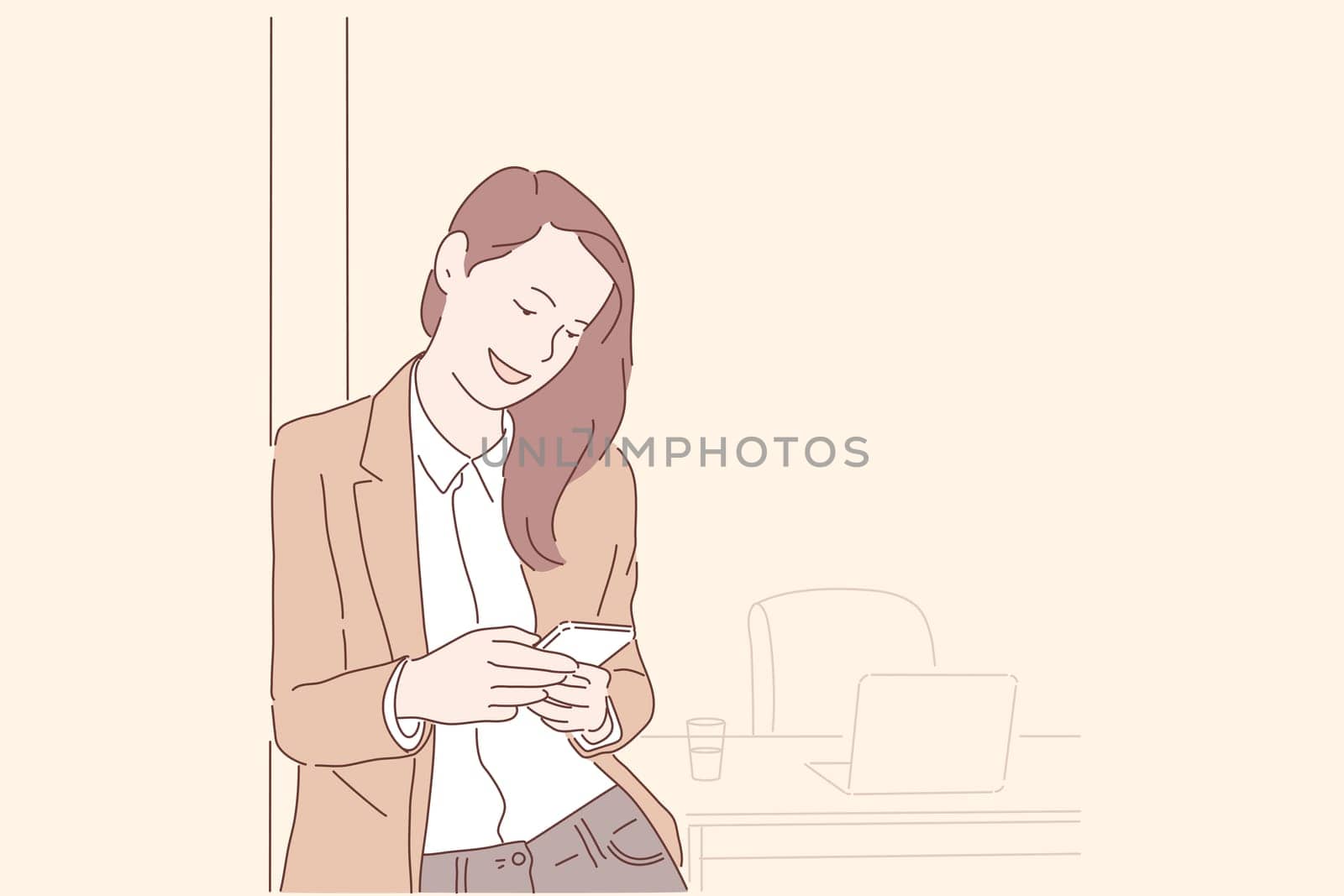Communication, online, leisure, business break concept. Young satisfied woman businesswoman distracted from work. Smartphone gadget. Girl clerk or student responds message get information. Flat vector