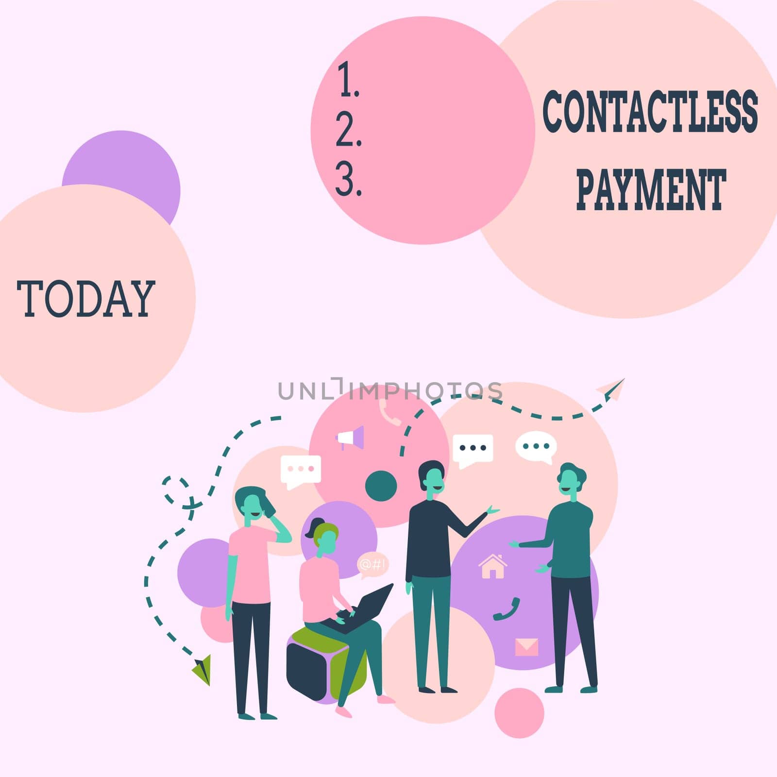 Sign displaying Contactless Payment, Business idea use near field communication for making secure payments Four Colleagues Illustration Having Conversations Brainstorming New Ideas.