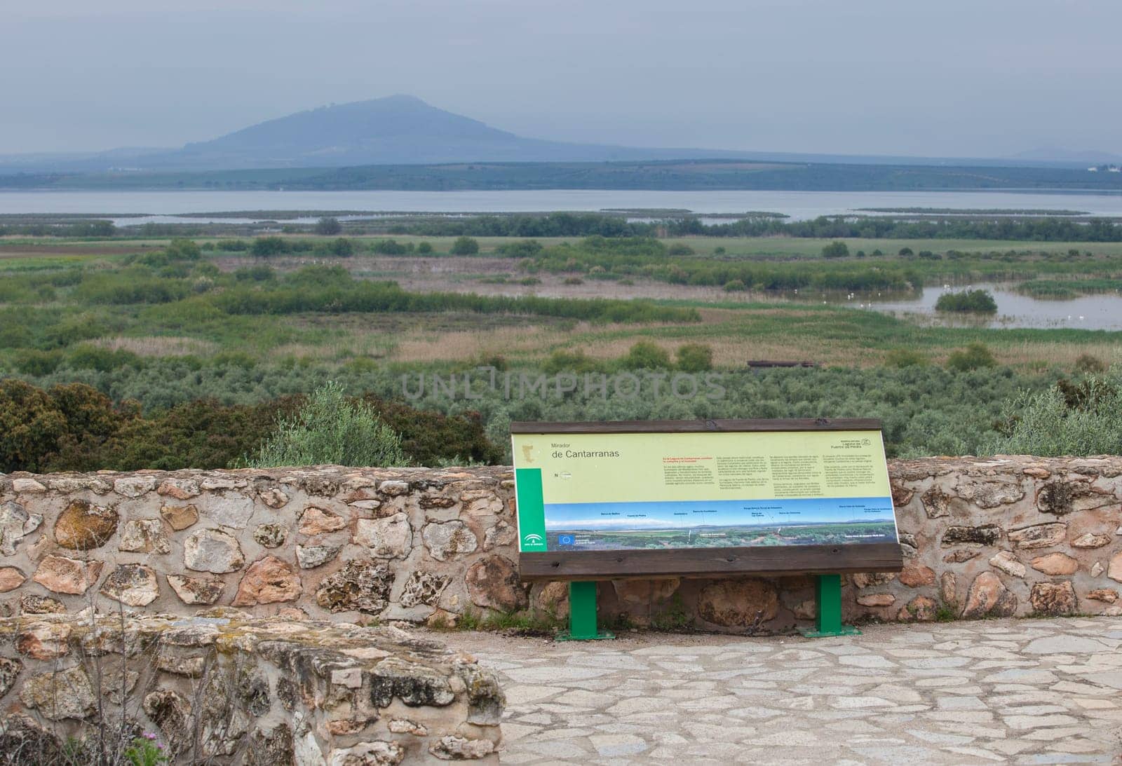 Fuente de Piedra, Spain - April 21st, 2019: Cantarranas viewpoint with Flamingos at bottom. Fuente de Piedra lagoon a foggy day, Malaga, Spain