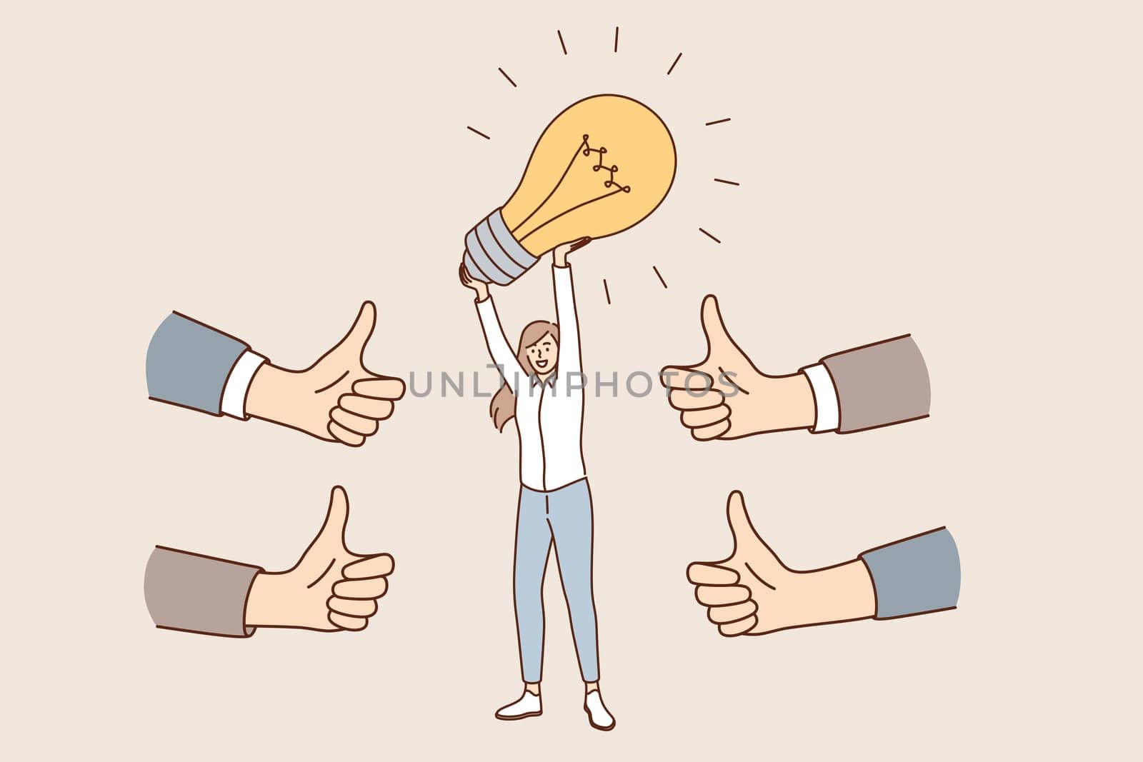 Innovative business idea and approval concept. Young caucasian positive business woman cartoon character standing holding light bulb above in hands feeling approval of colleagues vector illustration