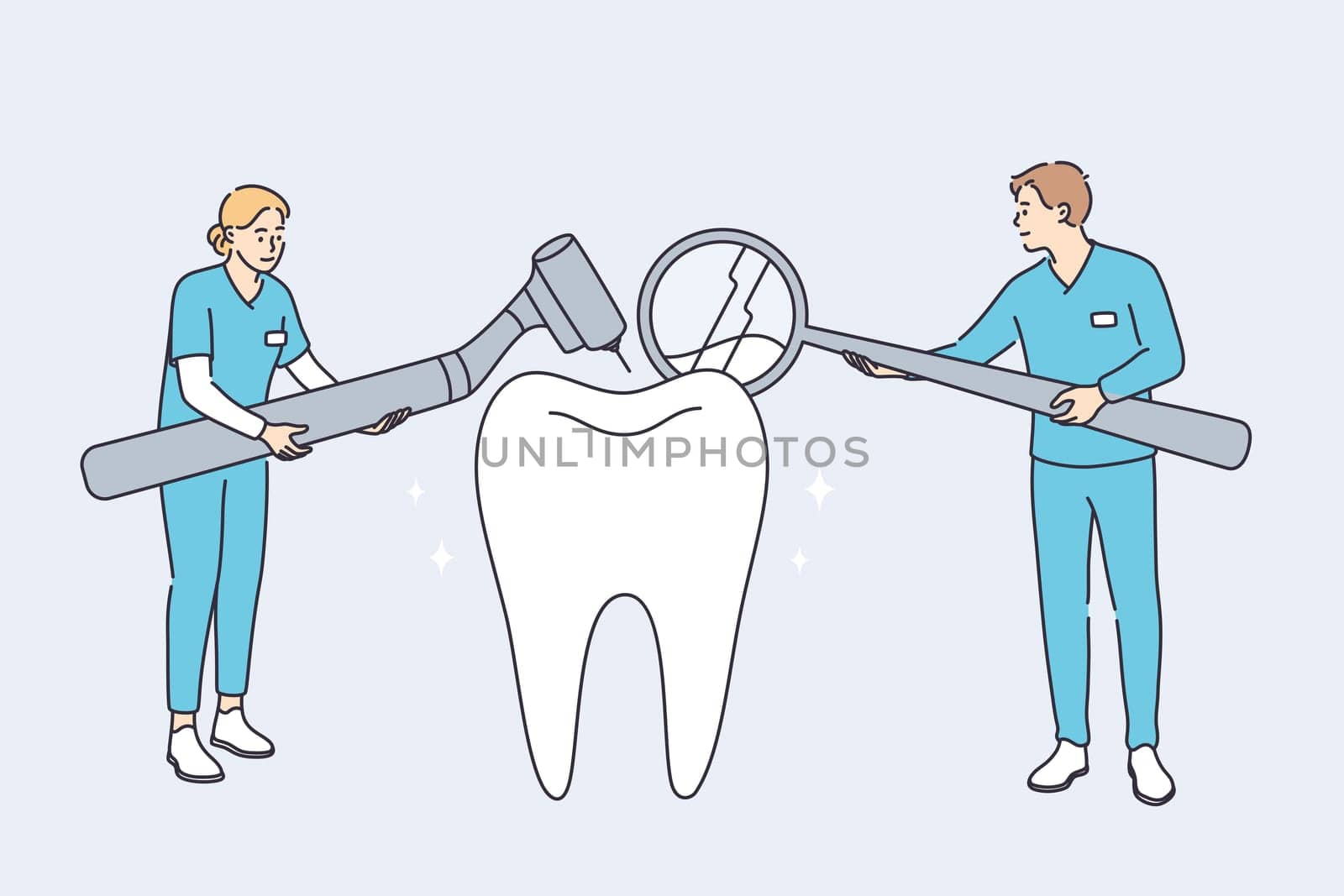 Dental clinic and healthcare concept. Woman and man dentists cartoon characters standing examining state of huge human tooth together vector illustration