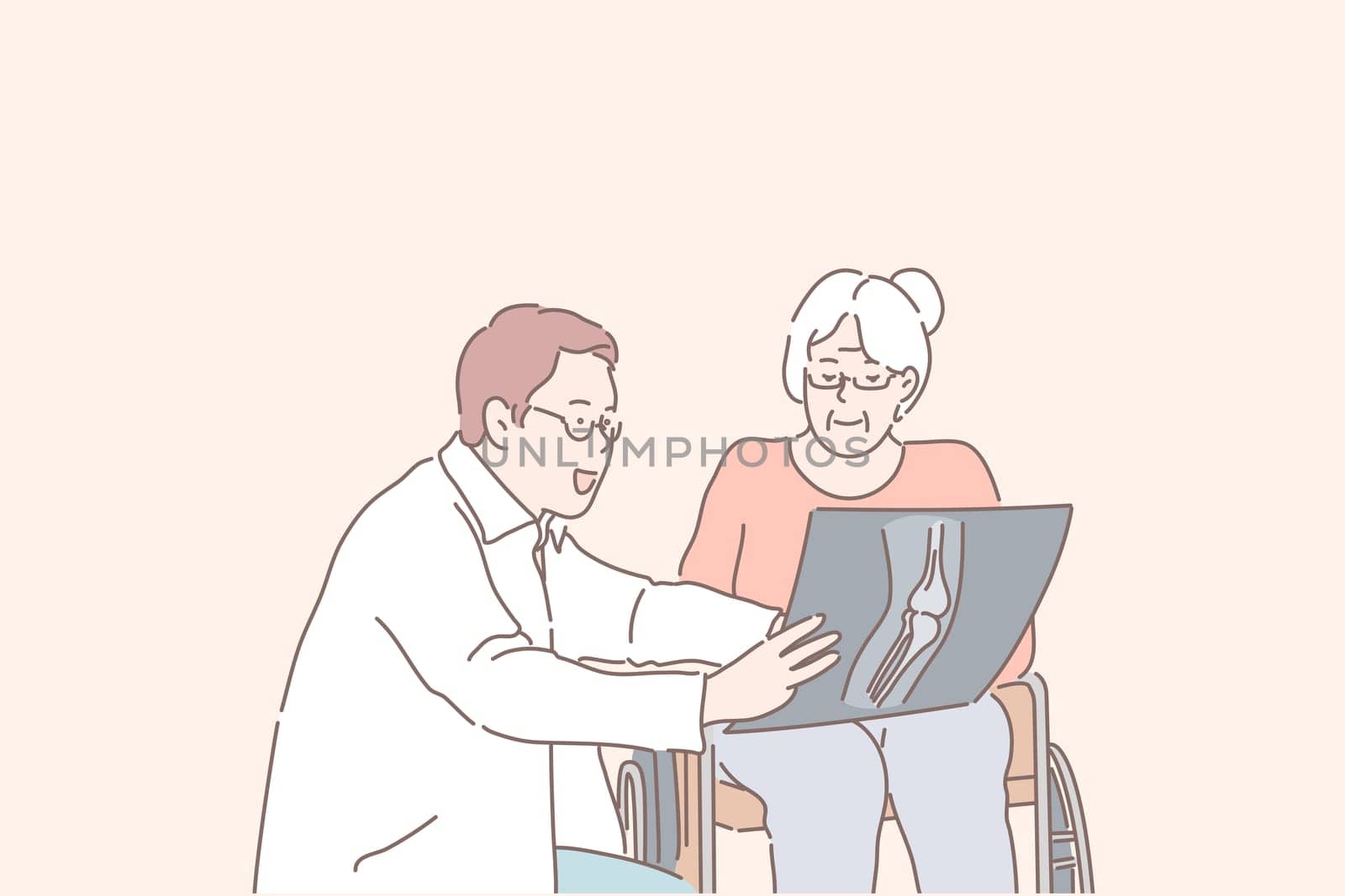Health, surgery, radiology, senile diseases concept. Young competent doctor explains diagnosis to an elderly woman, disabled person. Professional therapist, surgeon, shows an xray picture. Flat vector